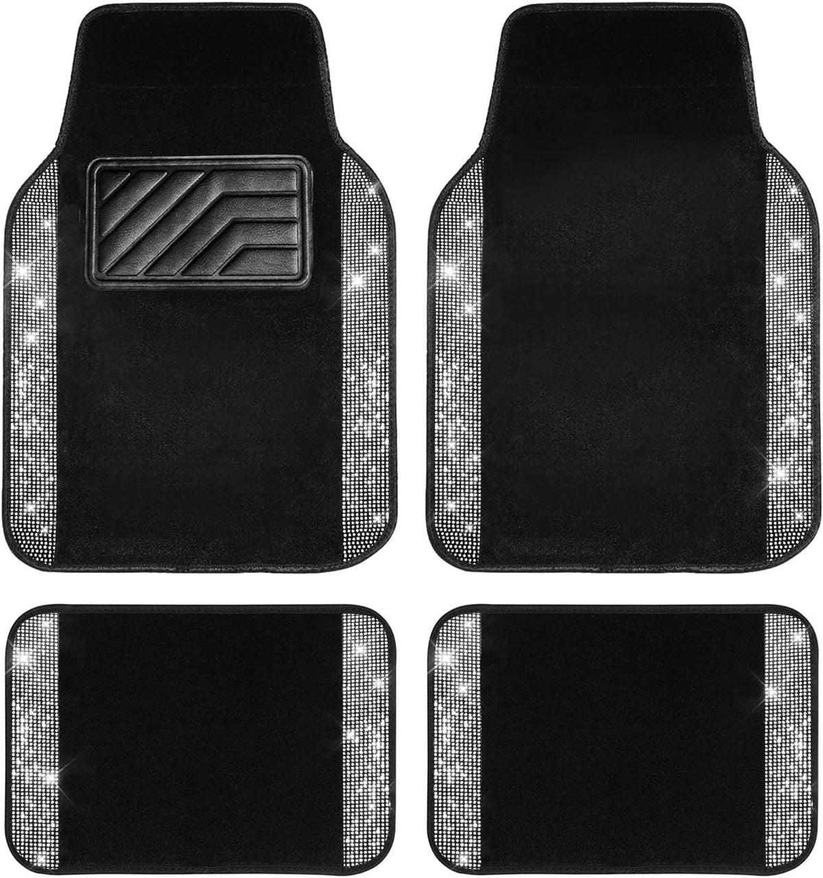 CAR PASS Bling Diamond Car Floor Mats, Shining Rhinestone Carpet Sparkly Glitter Crystal with Anti-Slip PVC Heel Pad Waterproof Universal Fit Automotive SUV,Sedan,Van,Cute Girl Women,4pcs Black Sliver