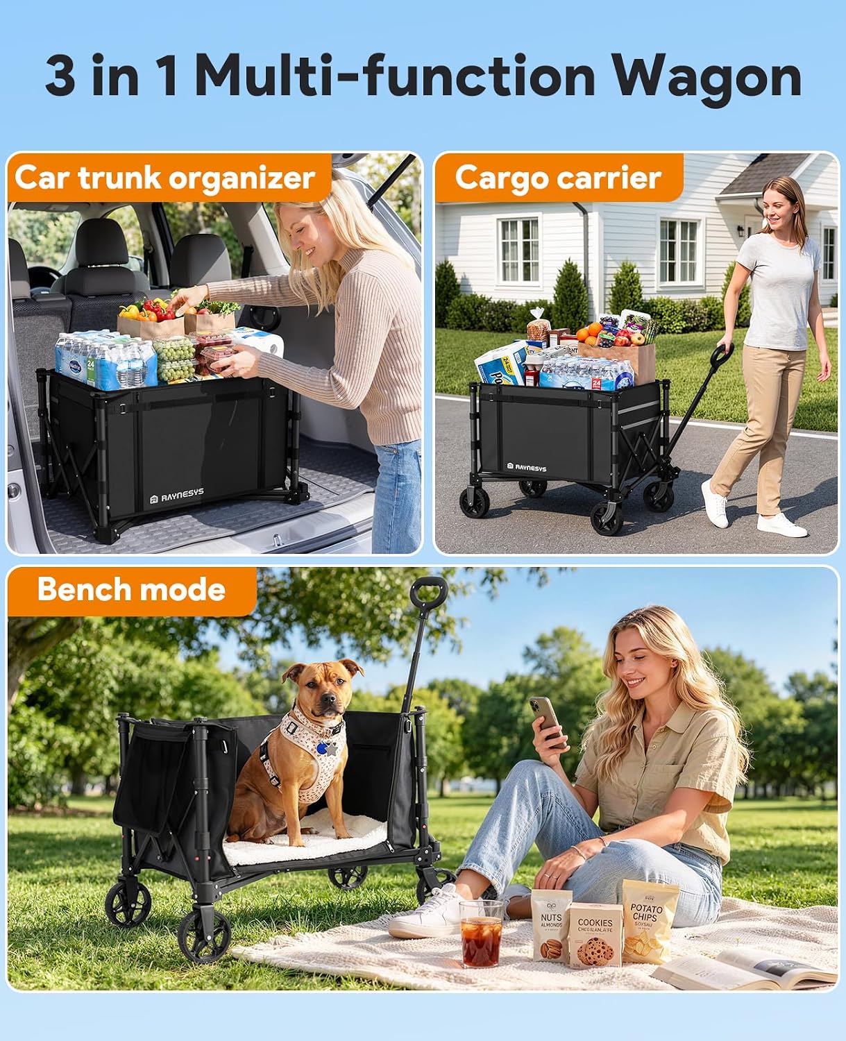 Raynesys 3 in 1 Collapsible Wagon Converts to Bench, 220lbs Foldable Wagon Cart with Wheels, 120L Shopping Cart for Groceries Folding Utility Wagon for Beach, Garden, Camping, Sport, Black
