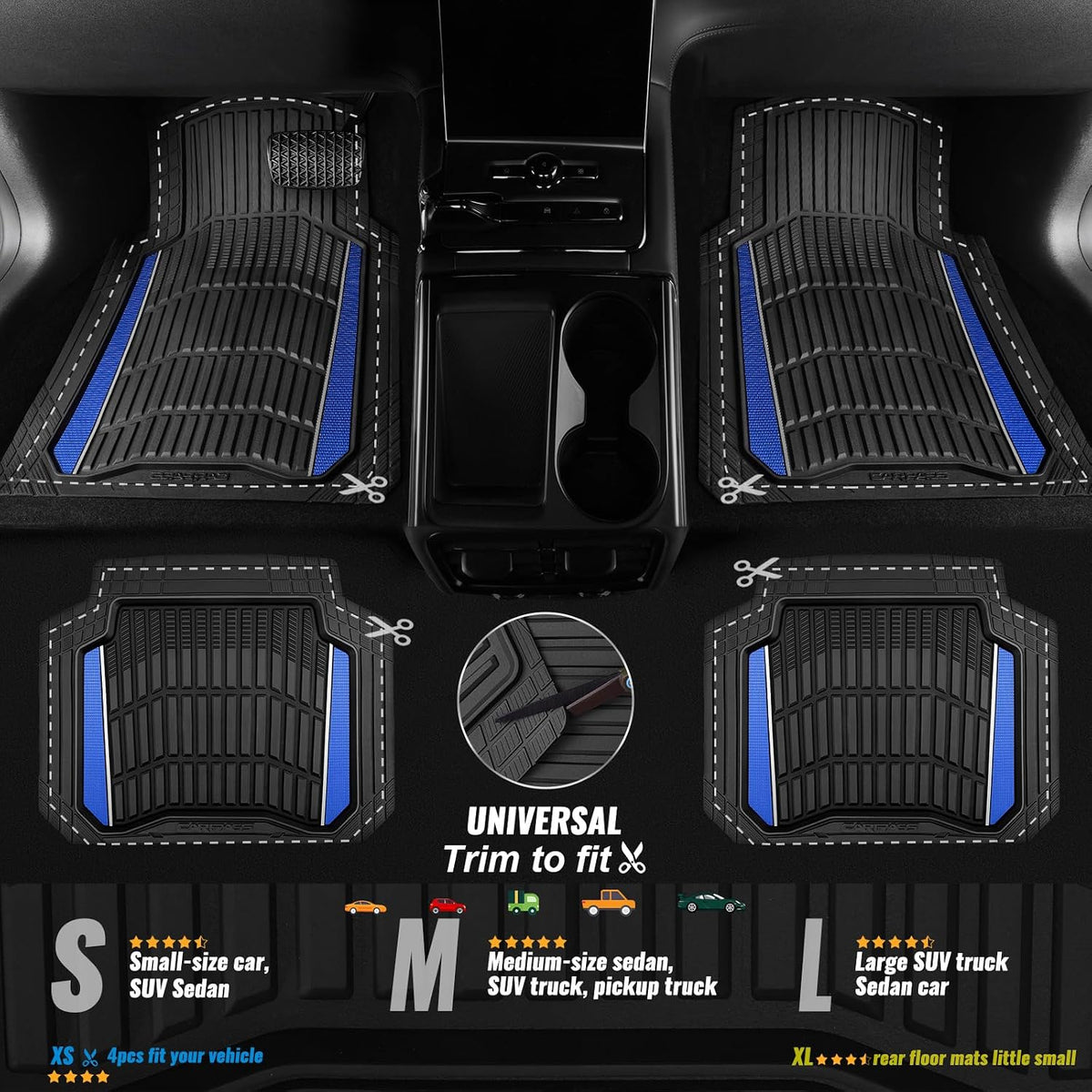 CAR PASS Heavy Duty Rubber Car Floor Mats, Deep Waterproof Car Floor Mats All Weather, Aluminum Film Floor Mats for Cars Non-Slip Universal Trim to Fit for SUVs Trucks Sedans Vans, Black Blue Metallic