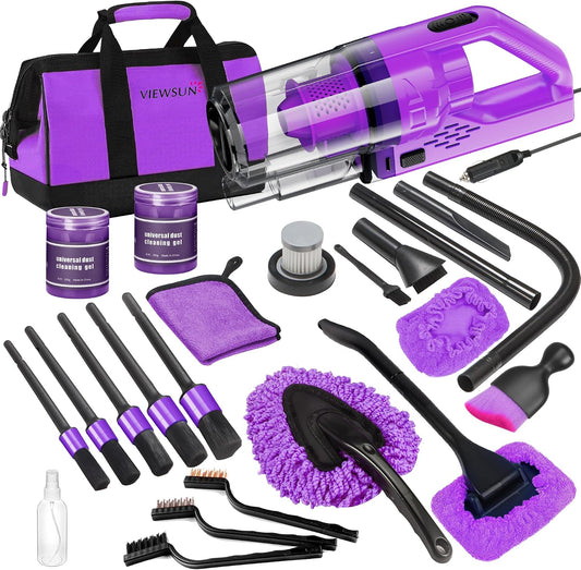 17PCS Car Cleaning Kit, Purple Car Interior Detailing Kit with High Power Handheld Vacuum, Detailing Brush Set, Windshield Cleaner, Cleaning Gel, Complete Auto Accessories for Women Gift