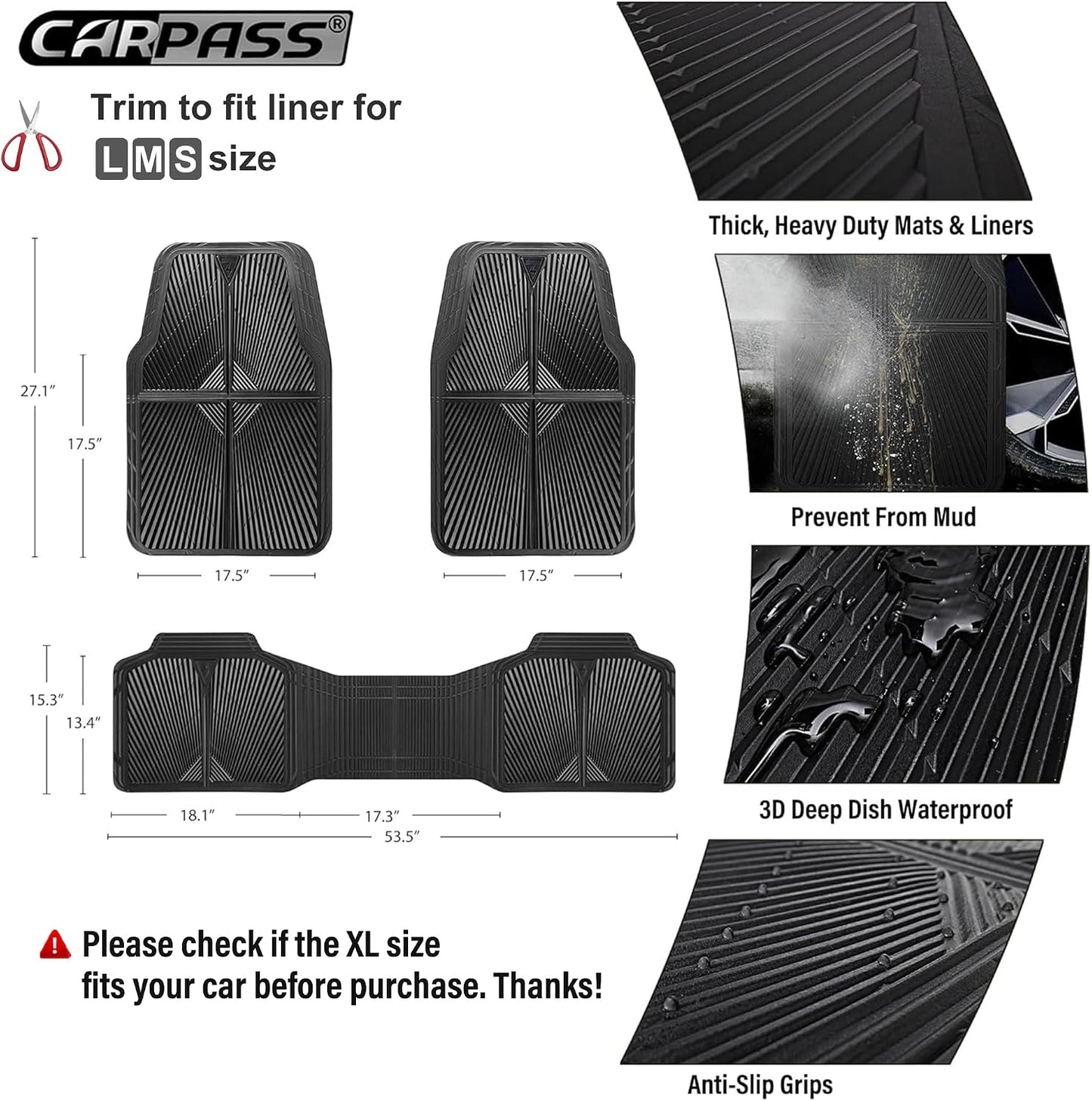 CAR PASS Rubber Floor Mats, All Weather Waterproof Trim-to-Fit Automotive Mats for Cars Trucks SUV, Anti-Slip Easy Clean, Heavy Duty Full Set 3-Piece, All Black