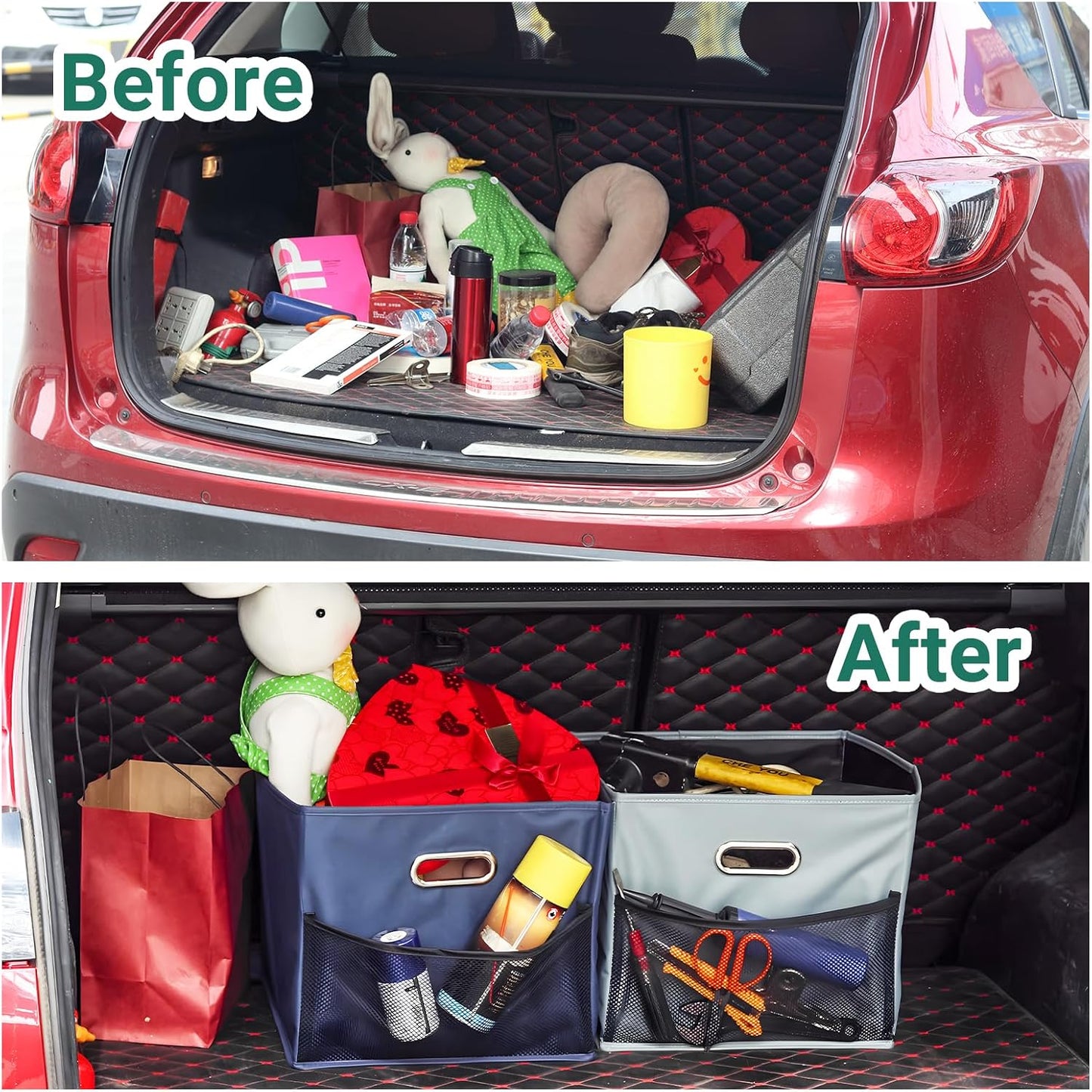 Foldable Car Trunk Organizers, Collapsible Storage Bins with Leakproof Liner, Waterproof Multipurpose for SUV, 2 Pack, Grey