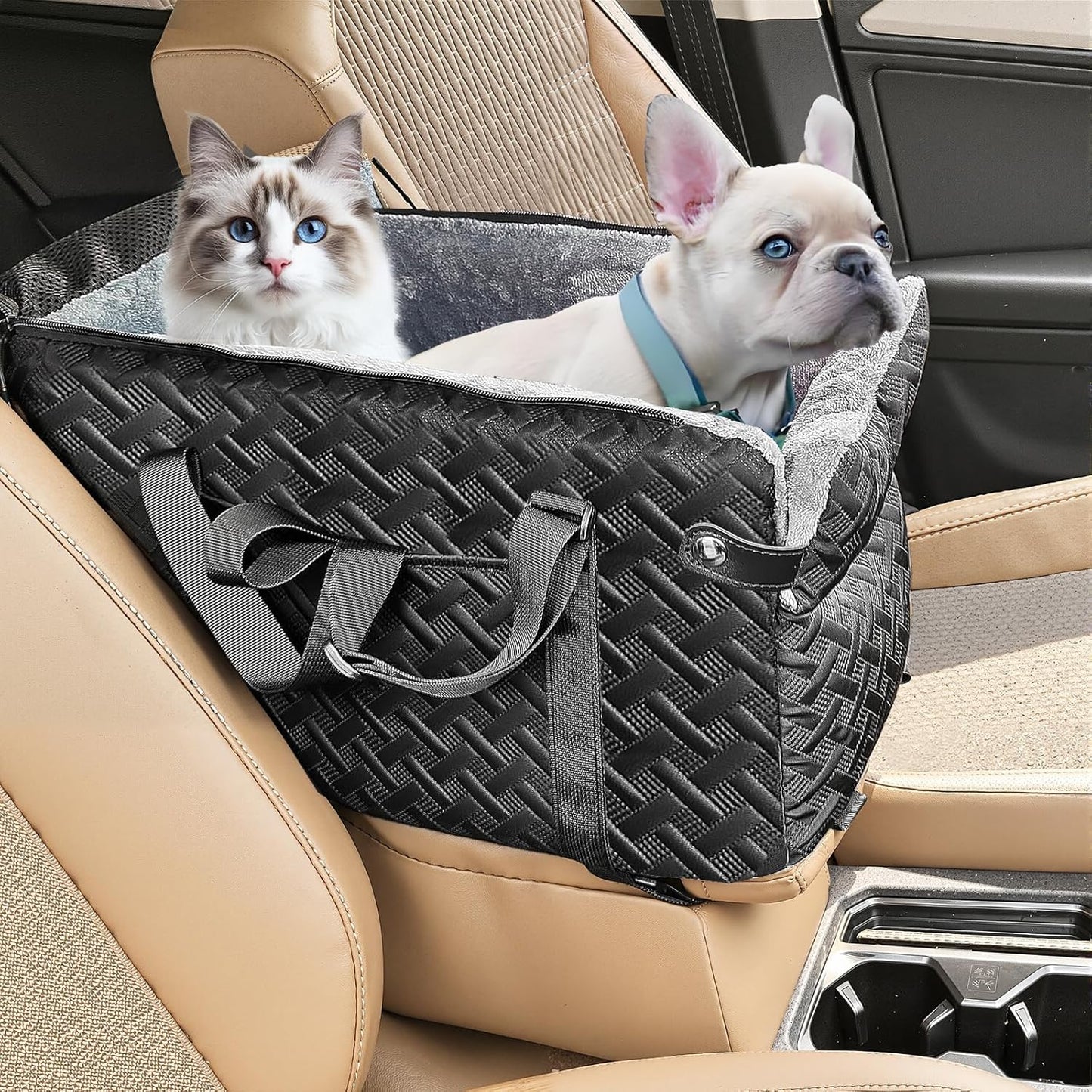 Center Console Dog Car Seat for Small Dogs Cats (Up to 15 lbs) - Washable, Foldable Pet Booster Seat with Safety Hooks, Adjustable Straps &amp; Storage Pocket