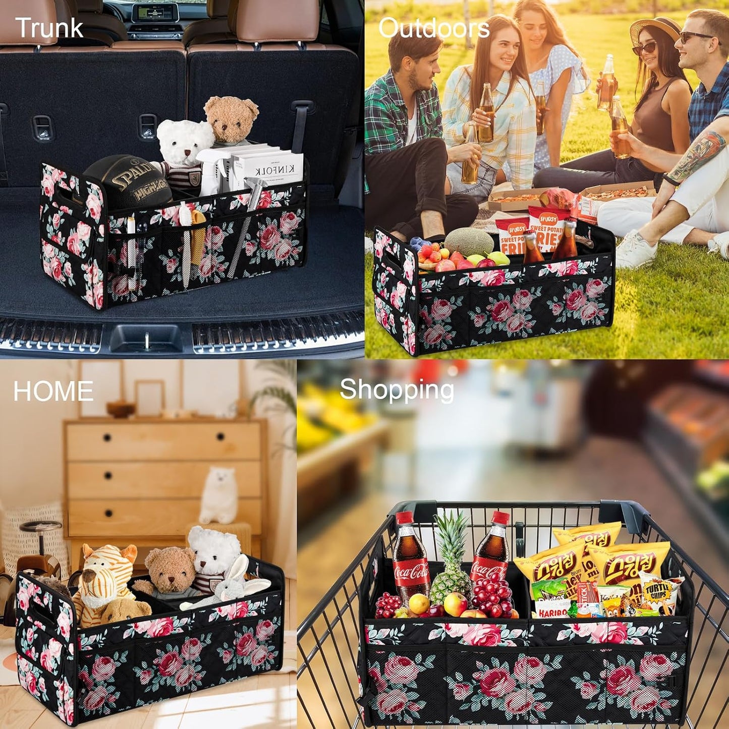JiatuA Car Trunk Organizers and Storage for SUV, Collapsible Multi Compartment Container Box Adjustable Car Accessories for Women Men, Black Floral