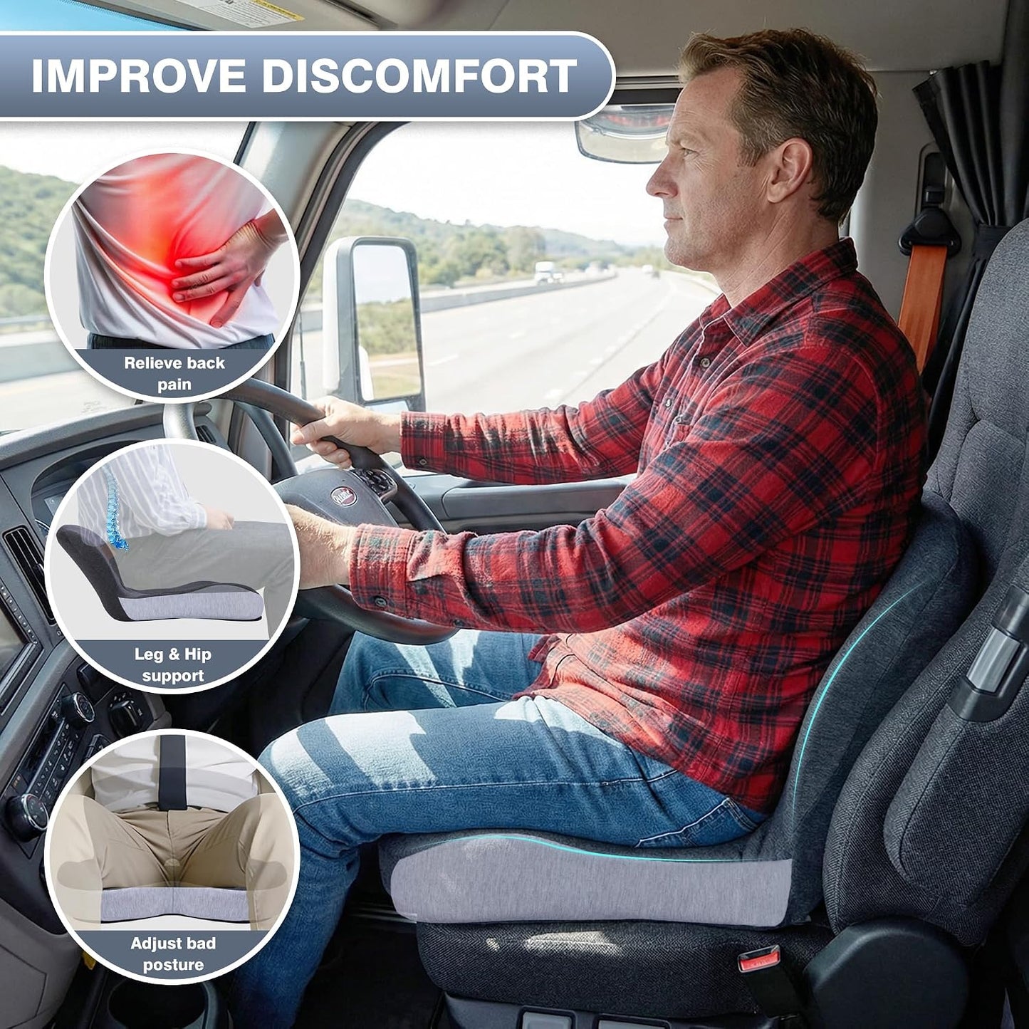 Memory Foam Car Seat Cushion – Ergonomic Driver Seat Cushion for Sciatica & Tailbone Pain, Breathable Non-Slip Car Seat Pad with Lumbar Support for Car, Truck, SUV, Office Chair