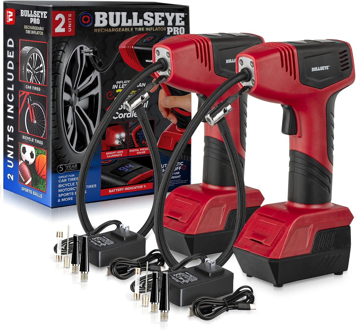 Bullseye Pro Automatic Digital Tire Inflator 150 PSI Max w/Gauge Display Screen & Pre-Set Pressure in KPA, PSI, BAR, kg/cm, Built-in LED Lights, Rechargeable, Air Compressor, Car Tire Pump Set of 2