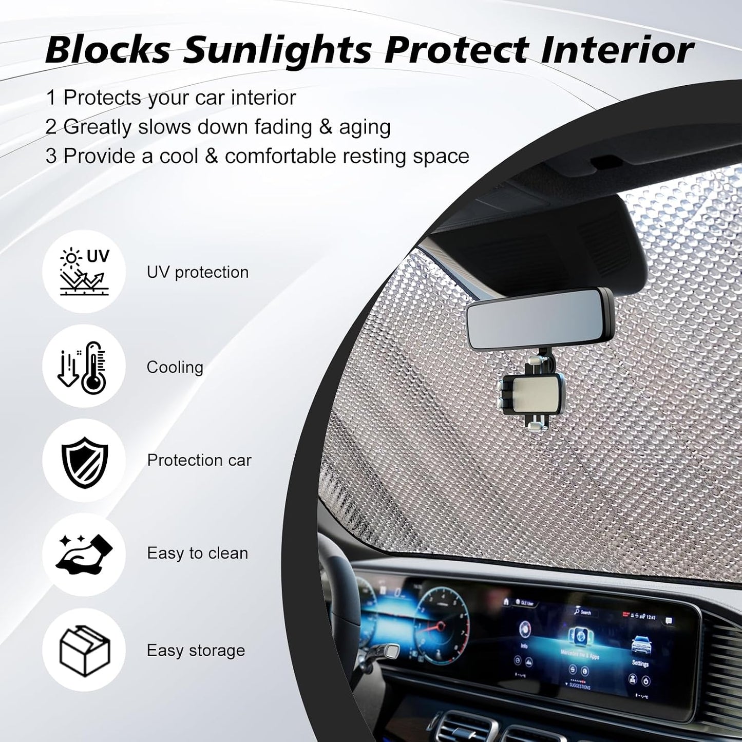 Front Windshield Sun Shade for Jeep Wrangler JL 2018-2025 & Gladiator 2020-2025 - UV Blocking, Heat Reduction, Self-Rolling Storage