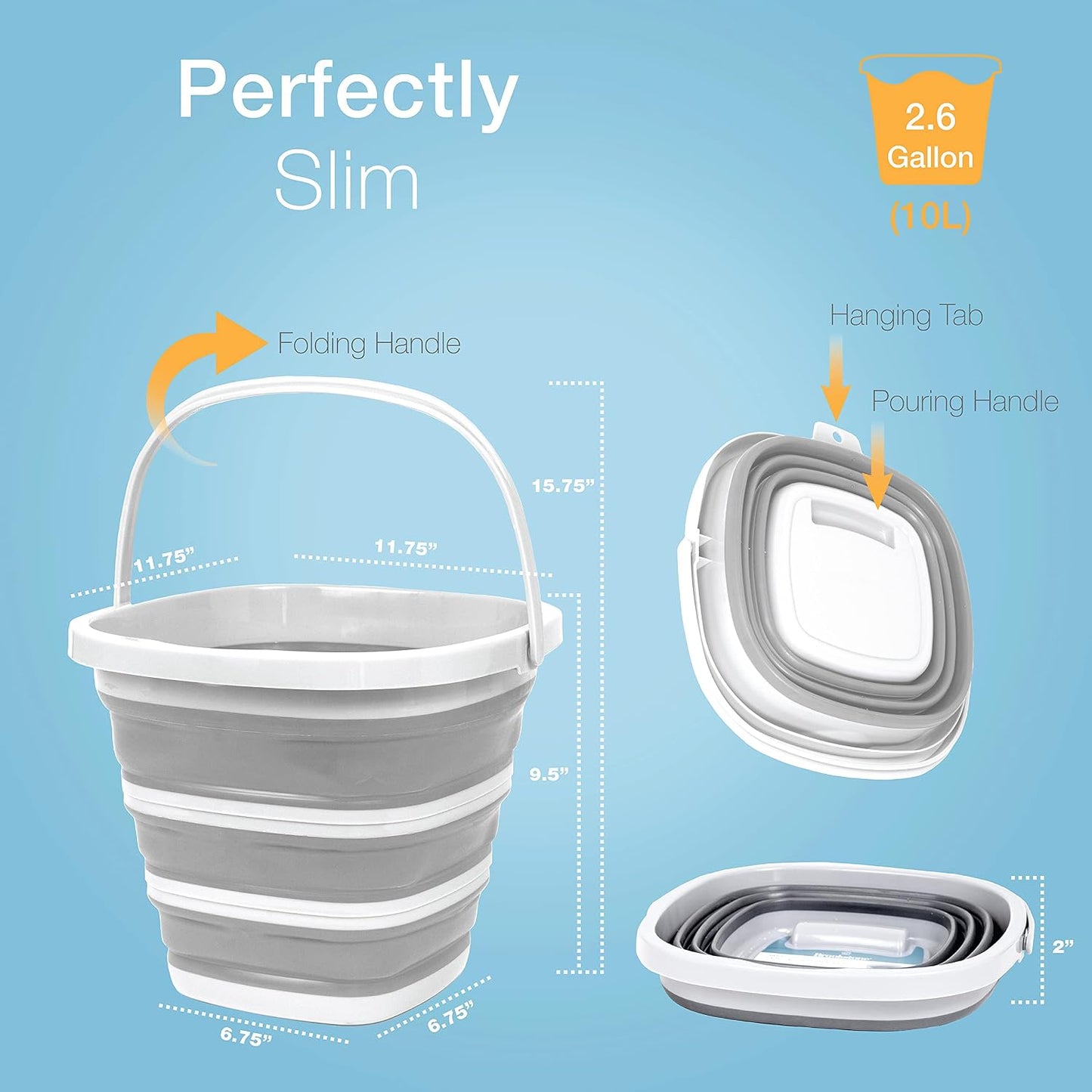 Brookstone Collapsible Bucket, Foldable Cleaning Bucket with Handle, Household Essentials Cleaning Basin and Dust Mop Bucket, Collapsible Wash Basin for Car Cleaning, [2.6 Gal. 10L] Square, White