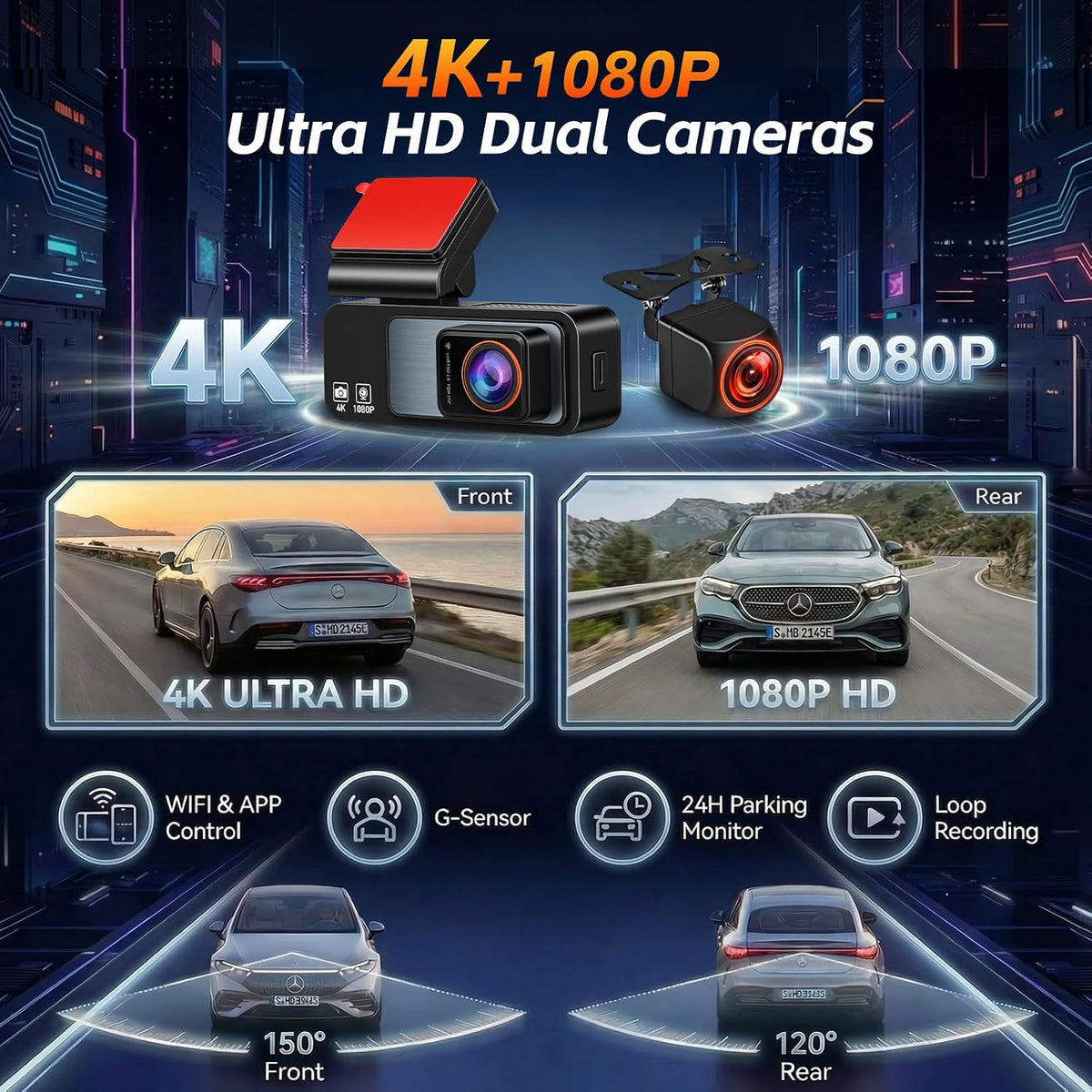 4K Dash Cam Front and Rear, Volxcereo Wireless Dash Camera 5G WiFi&APP&GPS