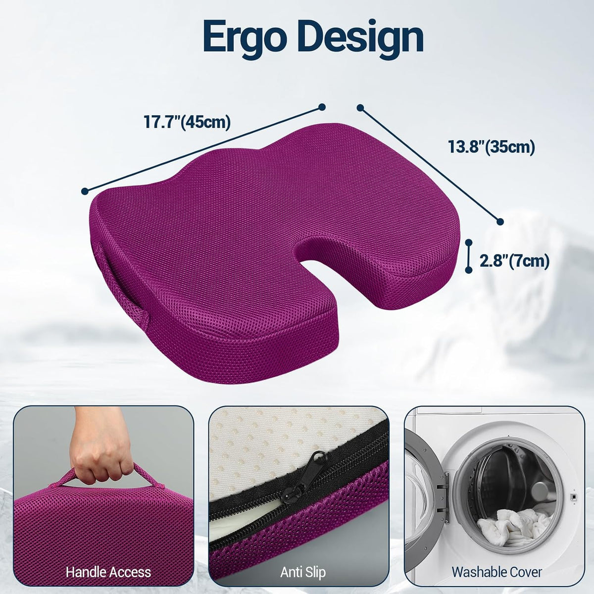 Season Guard Gel Memory Foam Seat Cushion for Tailbone Pain Relief, Purple