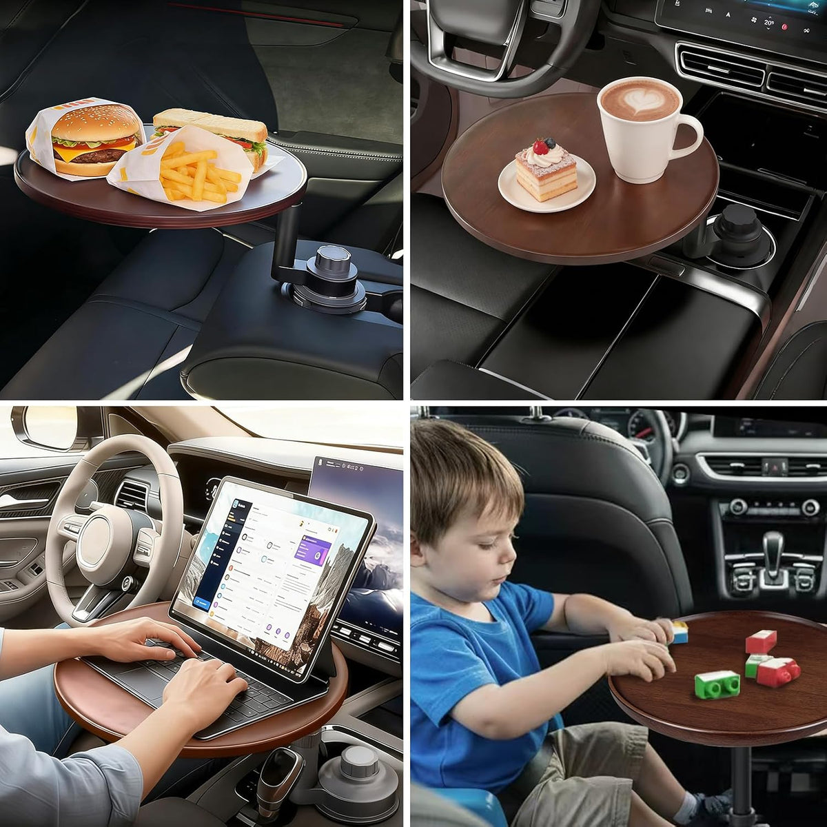 Car Desk 360° Rotating Wood Cup Holder Table for Car Center Car Accessories Car Tray for Laptop Compatible with Most Vehicle