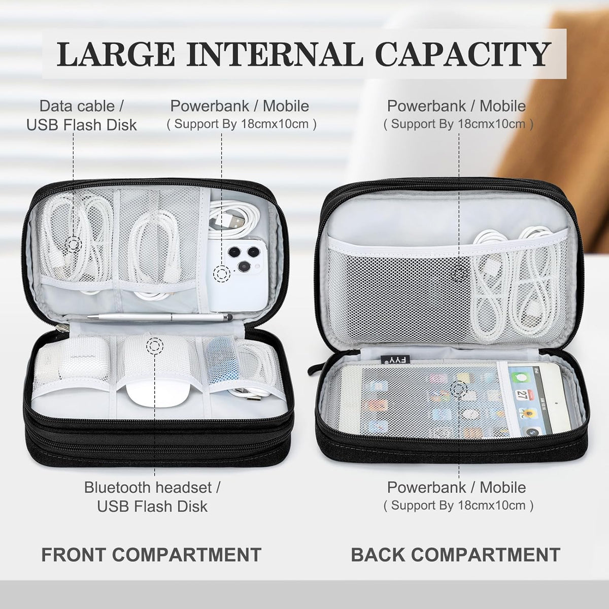 FYY Electronic Organizer, Travel Tech Pouch Bag, Large, Black