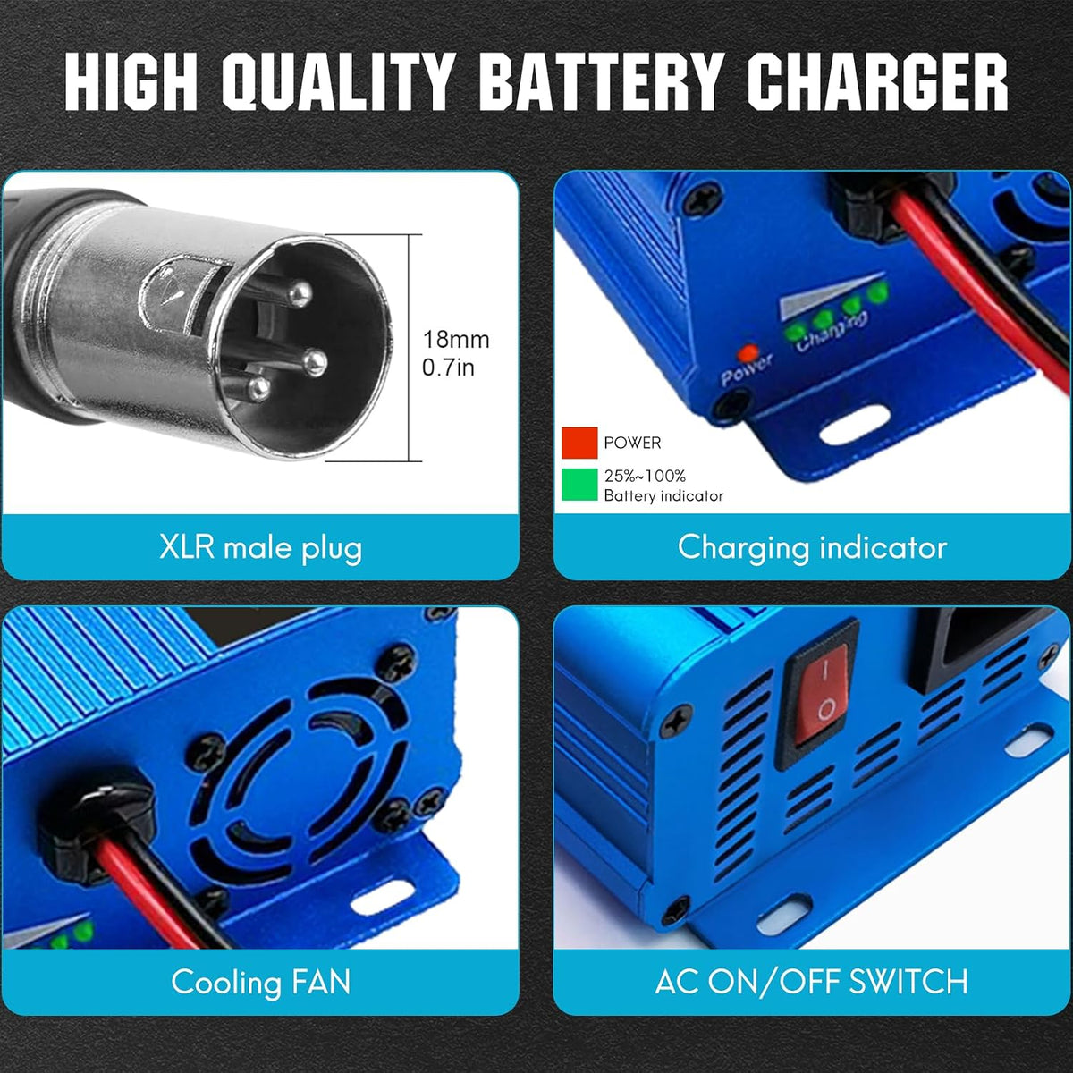 ULTRAPOWER 24V 5A Battery Charger,Universal Battery Charger Maintainer with 4LEDs Indicator,XLR Connector for Cars,Trucks,RVs,ATVs,UTVs,Tractors,SUVs,Electric Wheelchair Lead Acid Battery