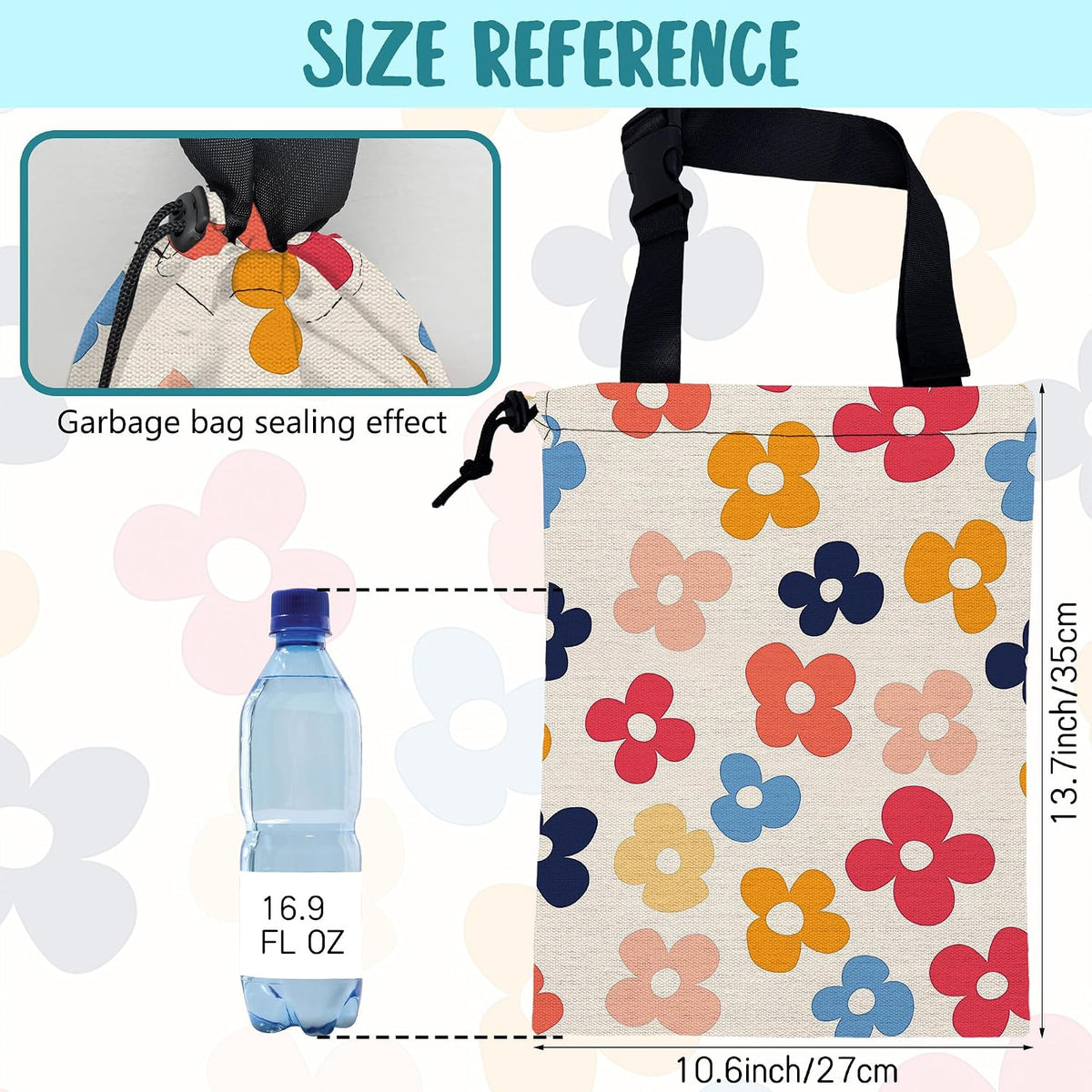 Car Garbage Bag Retro Colorful Flowers Drawstring Car Trash Bag Hanging for Back Seat with Adjustable Buckle Canvas Vehicle Trash Can Easy-to-Install