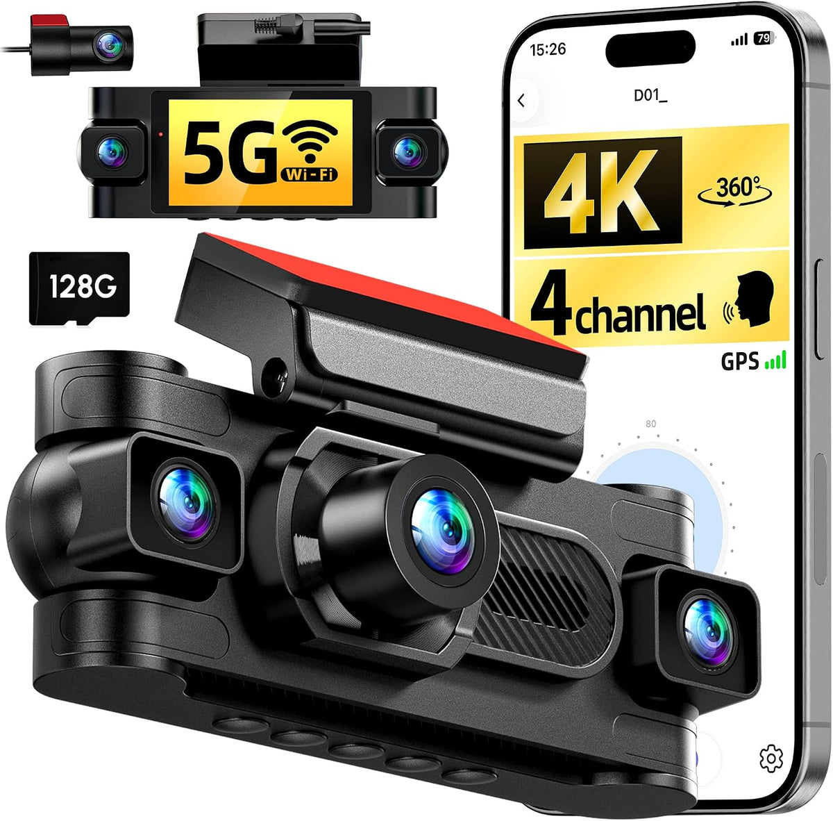 4K Dash Cam, 4 Channel 360° Front and Rear Left Right Inside Camera