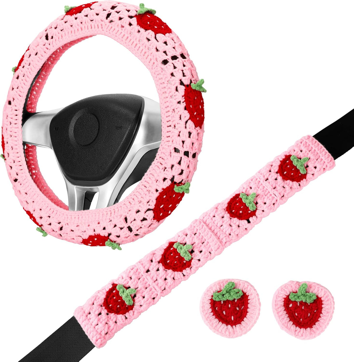 Crochet Steering Wheel Cover, Cute Pink Strawberry Boho Car Accessories