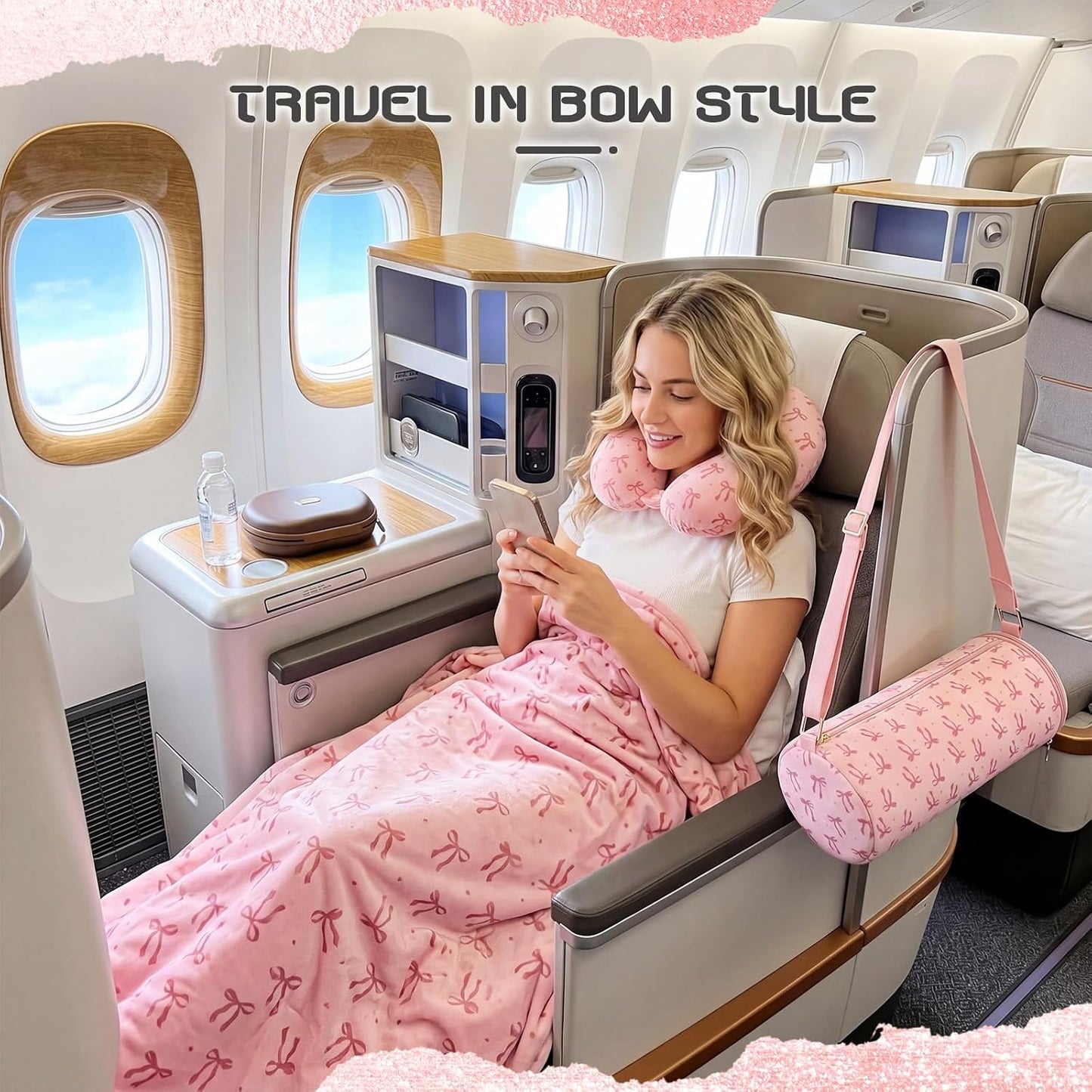 Moukeren 4 Pcs Pink Bow Travel Pillow and Blanket Set Memory Foam Neck Pillow Flannel Blanket Eye Mask Pink Bow Storage Bag for Airplane Essentials Car Train Travel for Girls Women Sleeping