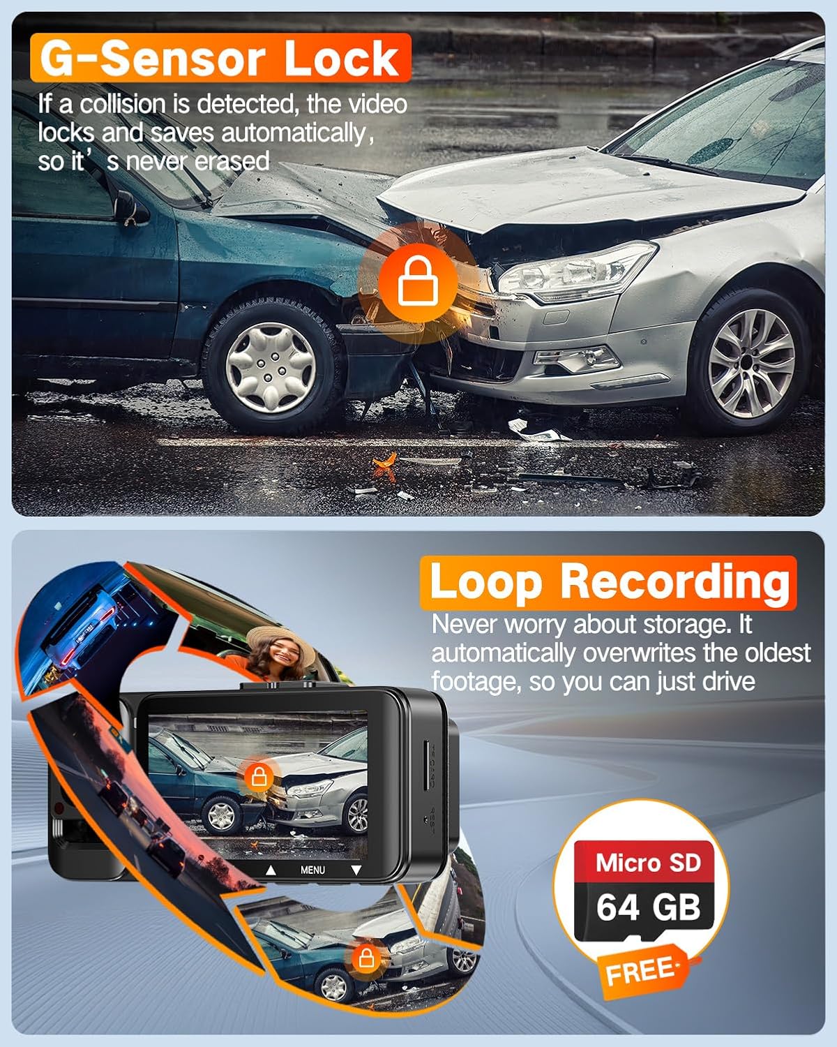 WECOOL 4K UHD 3 Channel Dash Cam Front and Rear Inside