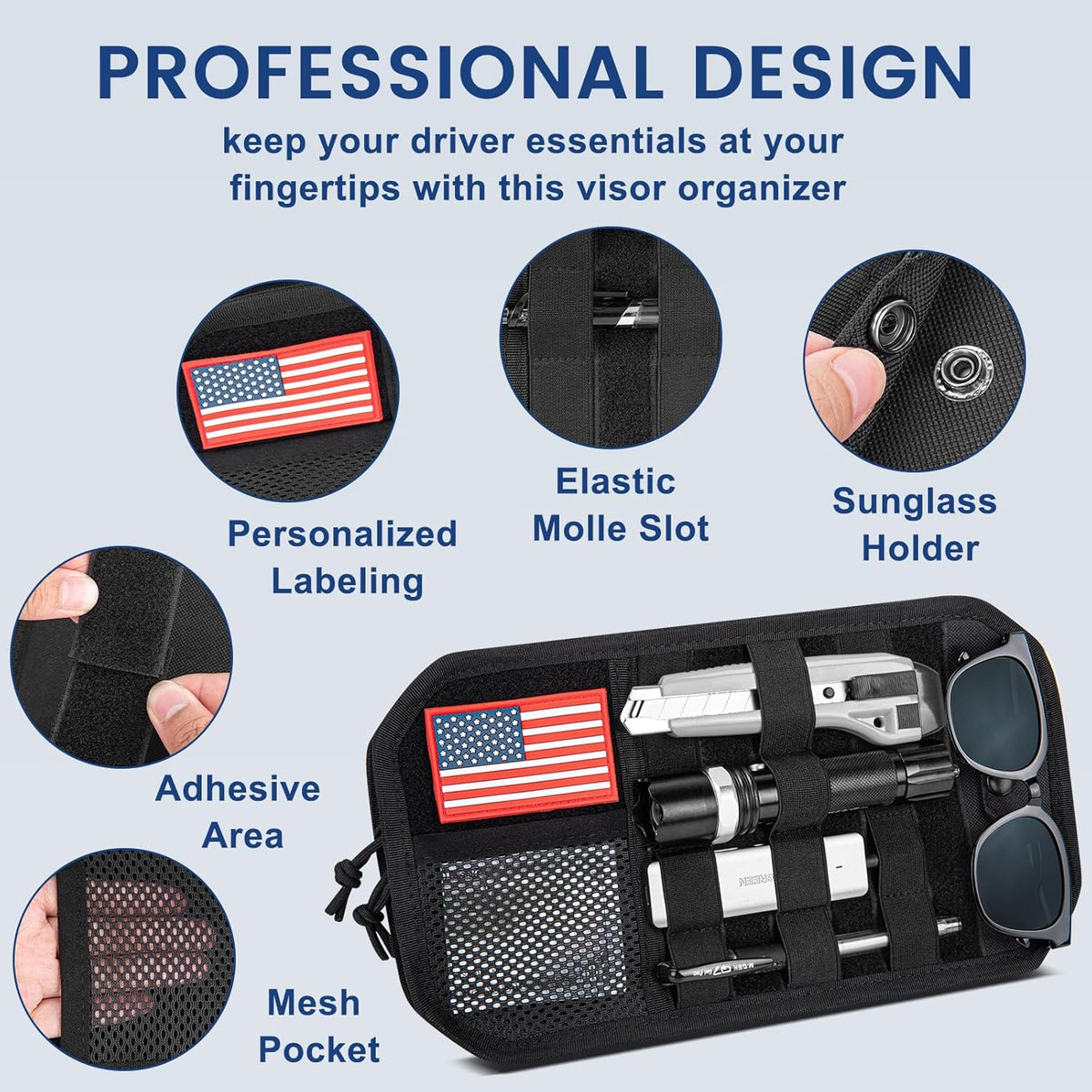 Car Sun Visor Organizer, Multi-Pocket Tactical Visor Storage with Zipper
