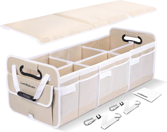 Car Trunk Organizer with Removable Lid for SUV (XL, Beige) | 1680D Wipe-Clean Fabric & 3.5mm PP Board. Collapsible Car Basket Features Dual Non-Slip Metal Hooks & 2x Adjustable Straps