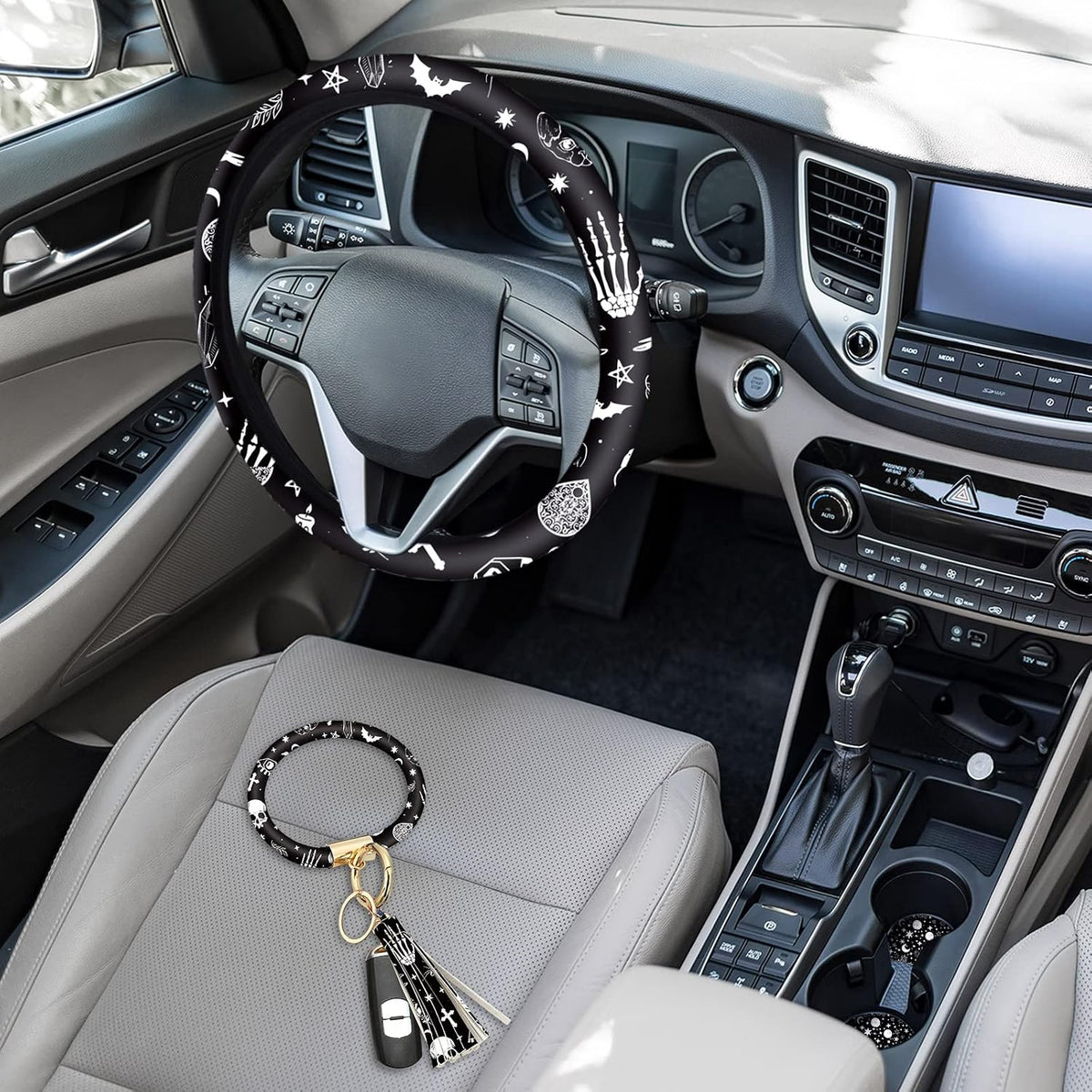 4 Pieces Black Moons White Stars Print Car Accessories Set Black Moons White Stars Steering Wheel Cover with 2 Pieces Car Cup Holder and Leather Keyring for Truck SUV(Horror Pattern)