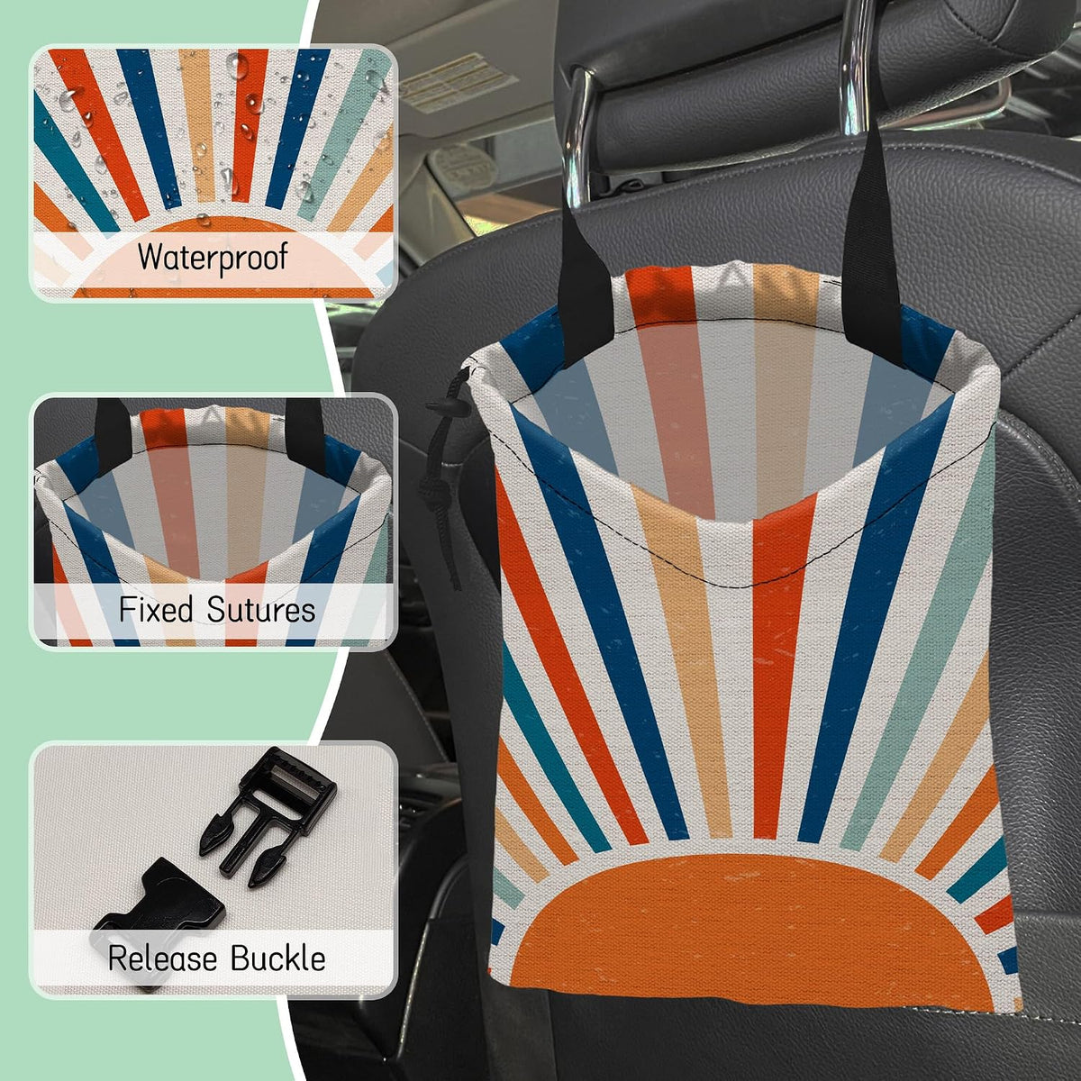 Retro Sunburst Car Garbage Bag,Colourful Sunrise Waterproof Small Car Trash Bag Hanging Back of Seat,Drawstring Hanging Car Trash Bag with Adjustable Buckle for Car Accessories