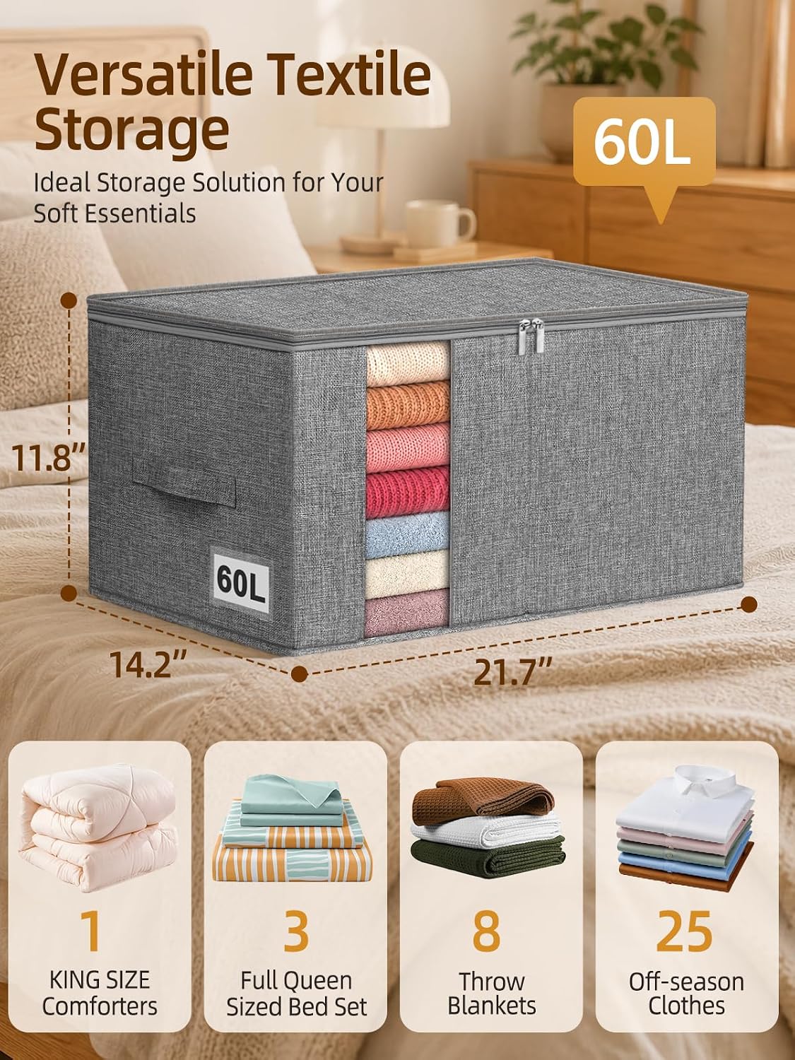 60L Blanket/Comforter Storage Bag w/Rigid Side & Bottom Support, Stackable Clothes Storage Bin for Sweaters Bedding Sets Quilts Pillows, Closet Organizer, 21.7x14.2x11.8in, 2 Pack, Gray