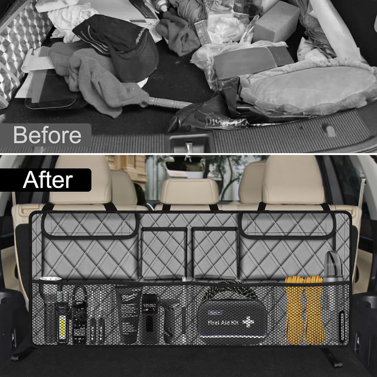 Femuar Car Trunk Organizer, Large Capacity Backseat Trunk Organizer (42"*18"), Collapsible Car Storage Bag with 8 Pockets, SUV/MPV/Truck - Grey