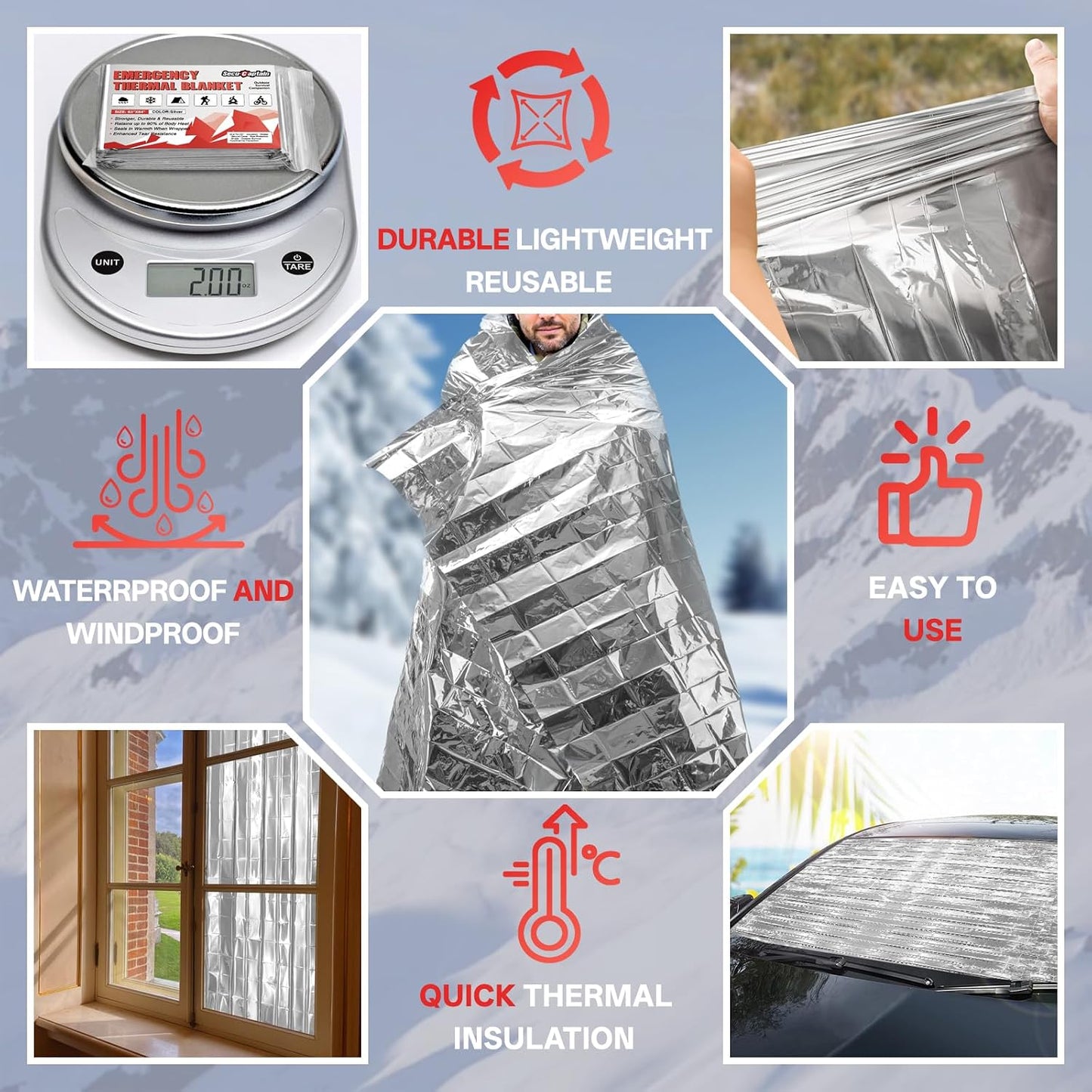 SecuCaptain Survival Emergency Thermal Blankets: 4/10/25/30/50/75/100 PCS Extra Large 84” x63” Space Mylar Blanket Kit for Outdoor Cold Winter Camping Hiking Car Bug Out Bag or First Aid