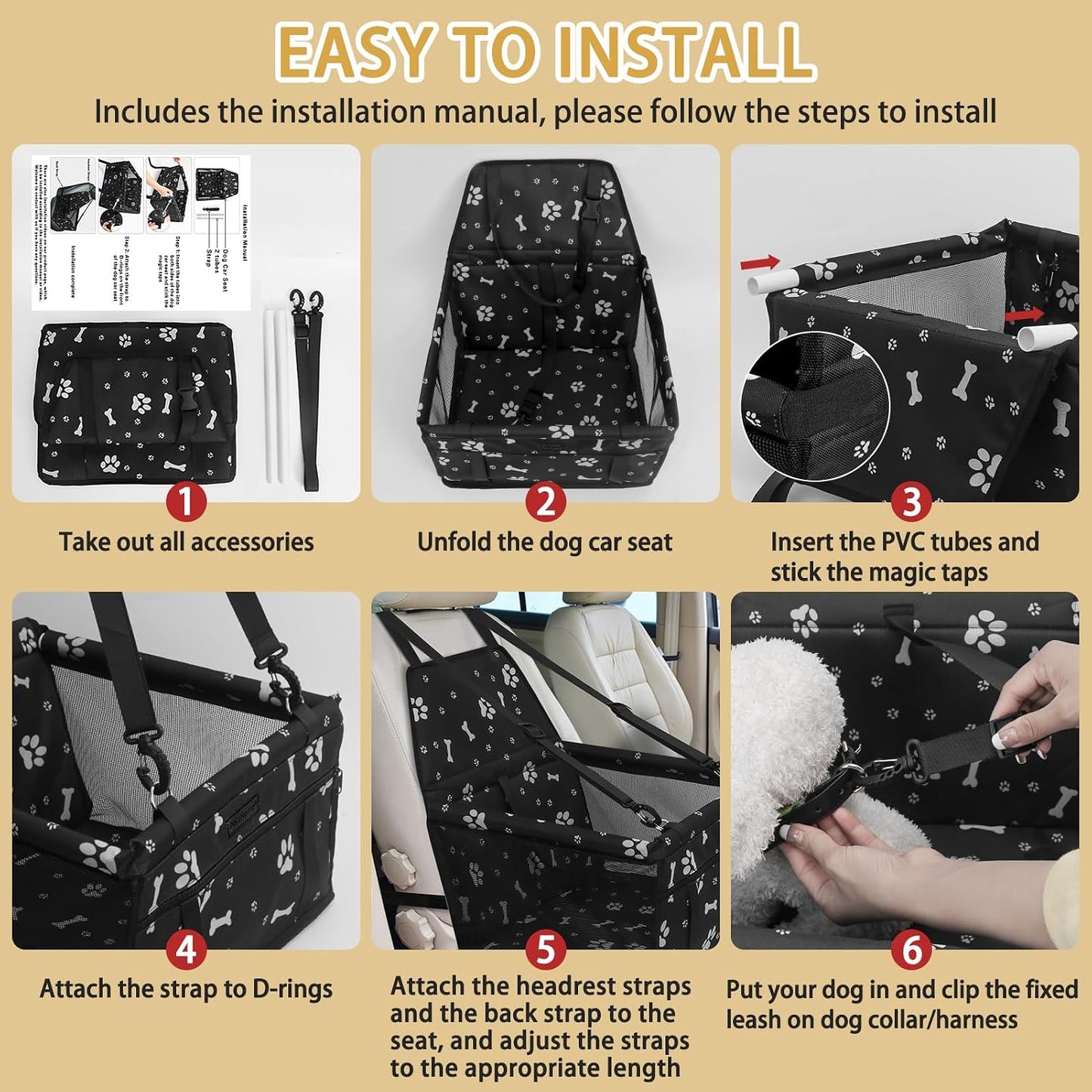 Dog Car Seat, Foldable Dog Car Booster Seat Waterproof Breathable Oxford Travel Bag for Small to Medium Dogs, Puppies, and Pets-Pattern Black