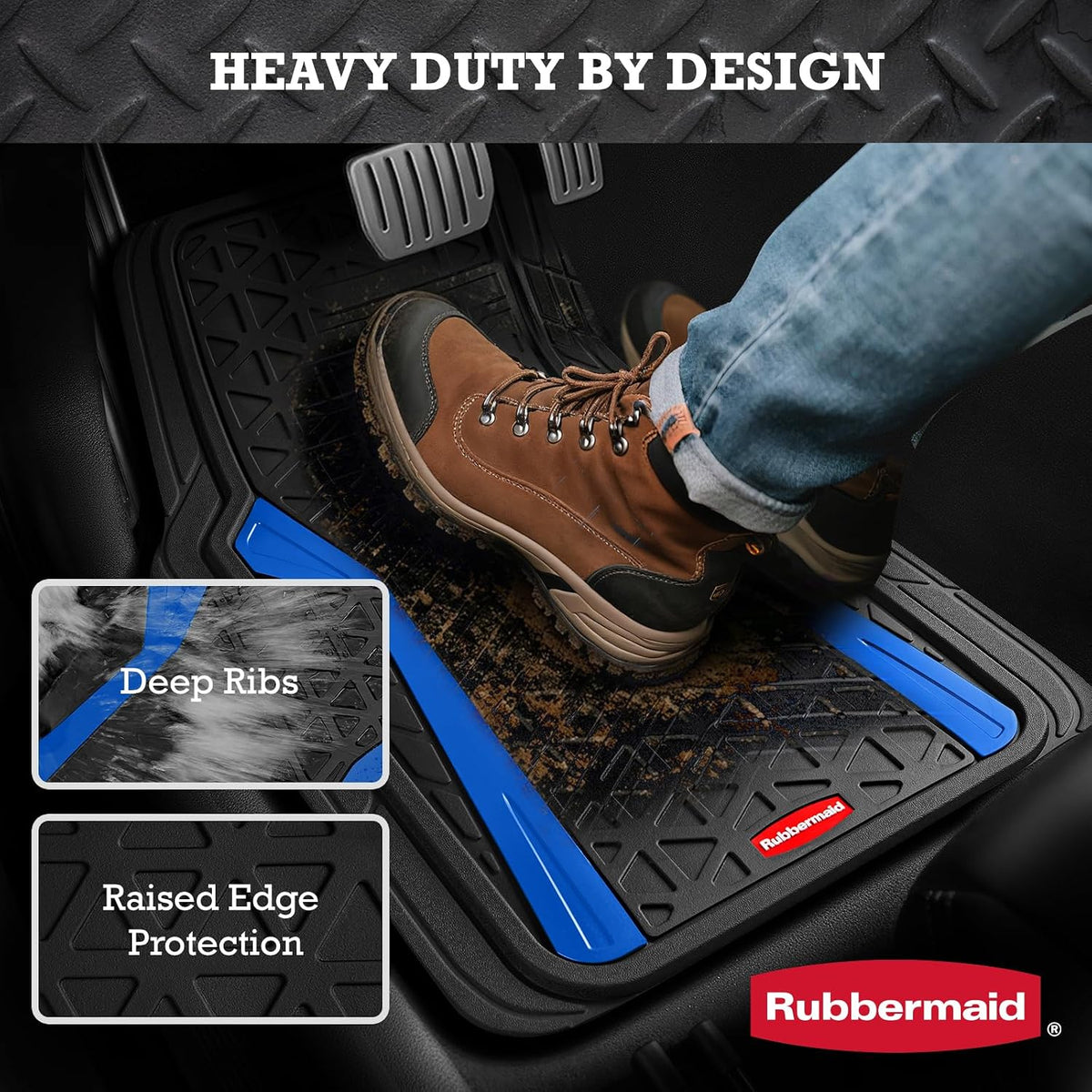 Rubbermaid Car Floor Mats Full Set, Premium Heavy Duty All-Weather Car Mats– Rugged Rubber with Brushed Aluminum Inserts, Universal Trim-to-Fit, Anti-Slip Backing for Cars, SUVs, Trucks & Vans - Blue