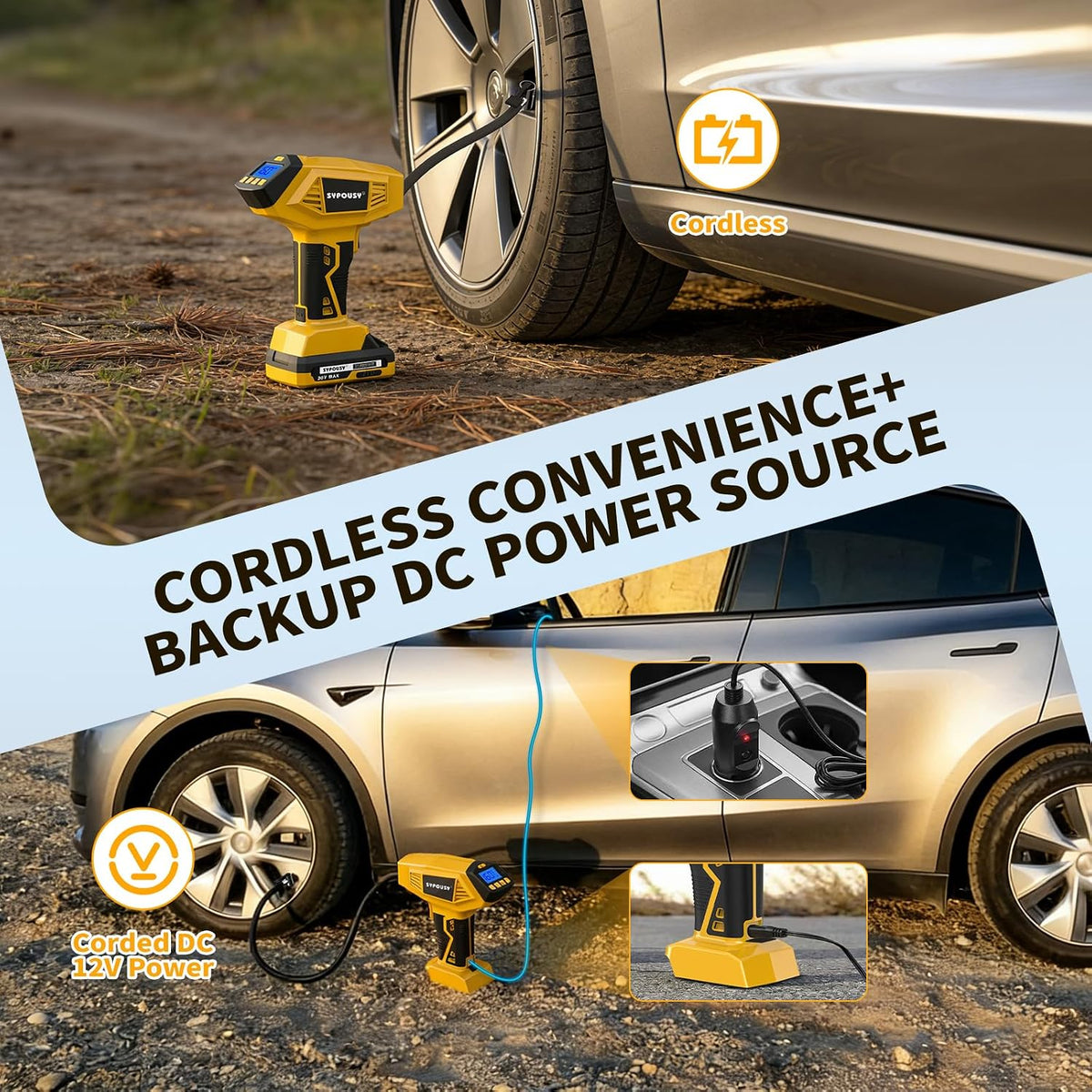 Cordless Tire Inflator Portable Air Compressor 160PSI 12VDC & 20V Battery