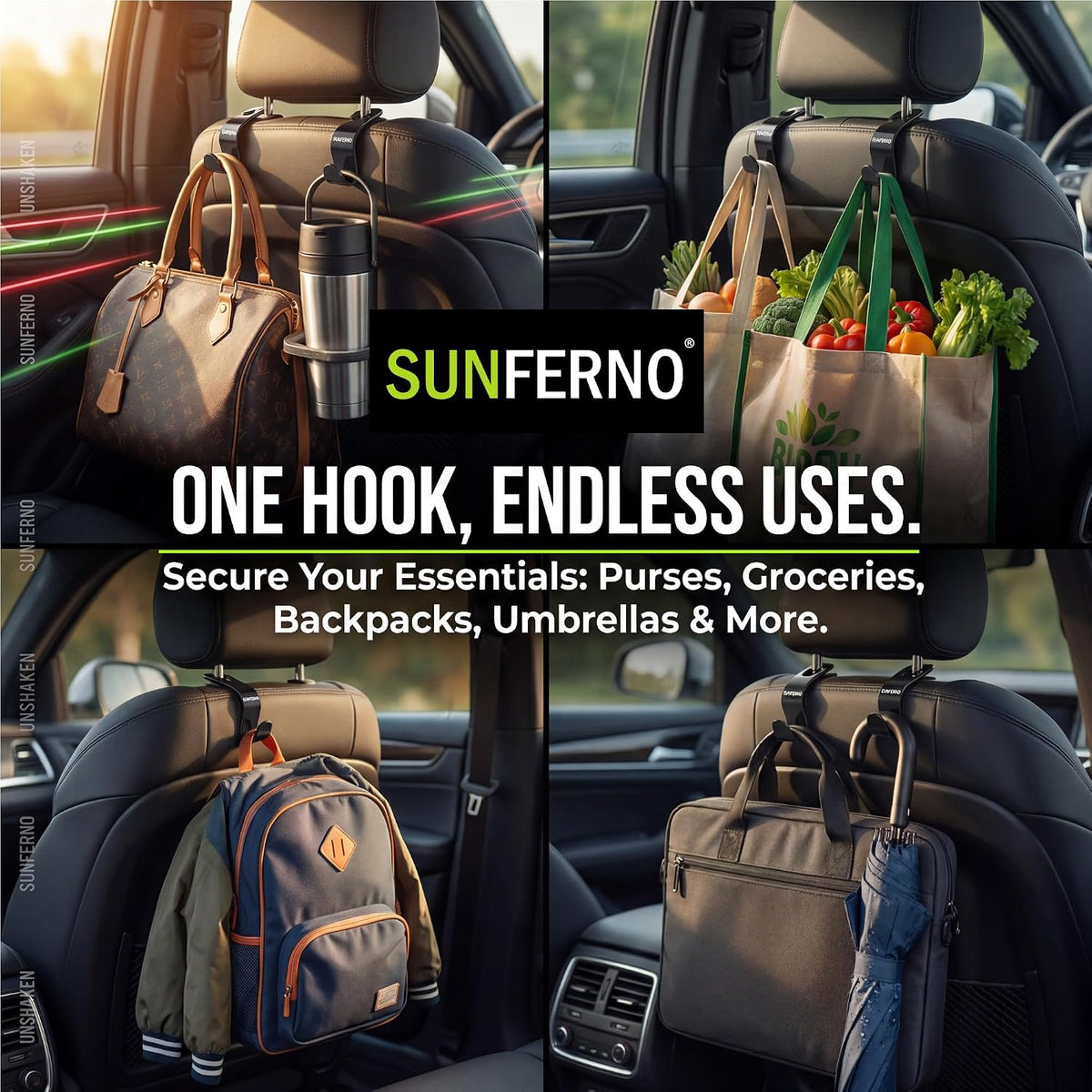 Car Headrest Hooks 4 Pack, Purse Bag Grocery Hanger Heavy Duty Easy Fit