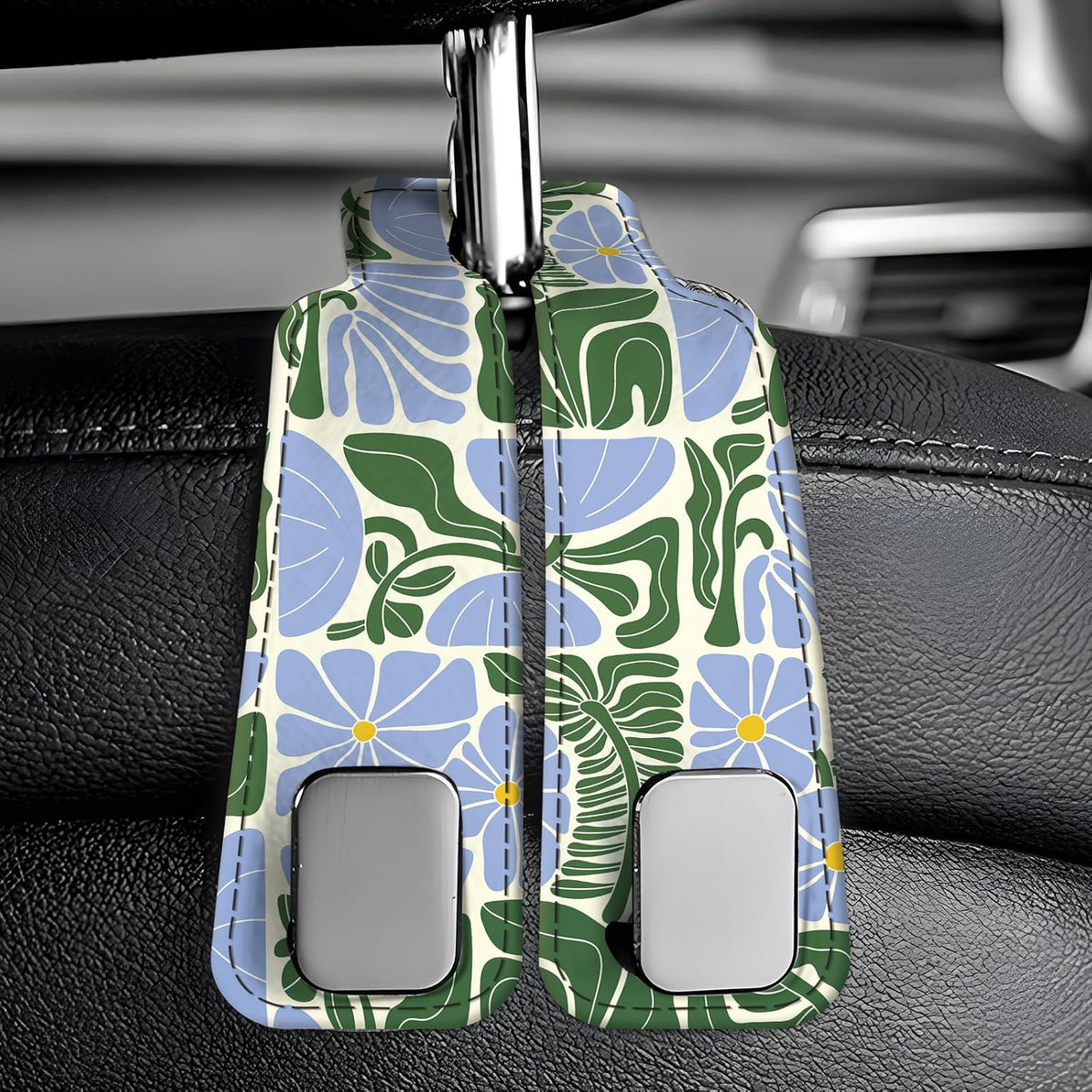 Car Seat Back Storage Headrest Hook, Premium Leather Double Metal Hook, Hanger Storage Organizer for Purse Cloth Bag, Car Interior Accessories Boho Blue Pattern