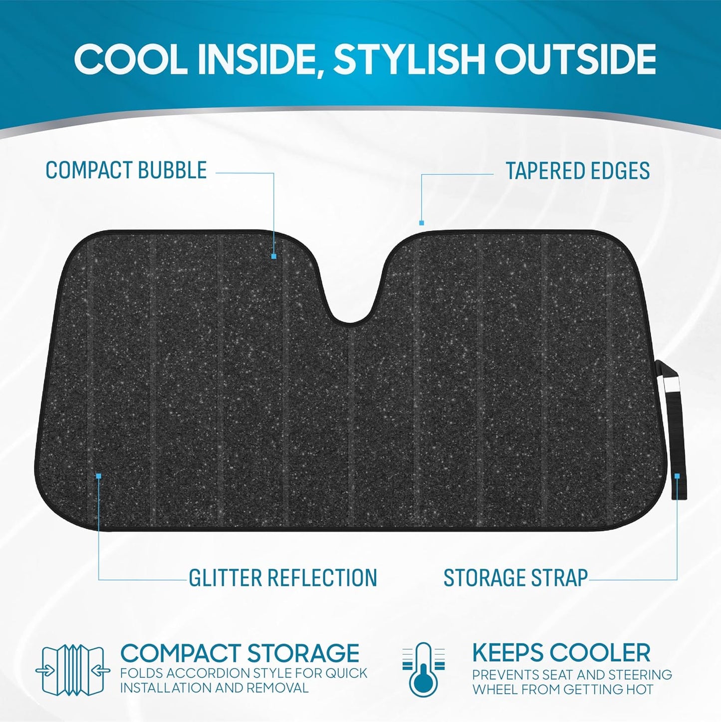 BDK-AS-2511 Front Windshield Shade-Accordion Folding Auto Sunshade for Car Truck SUV-Blocks UV Rays Sun Visor Protector-Keeps Your Vehicle Cool-57 x 27 Inch, Black Glitter