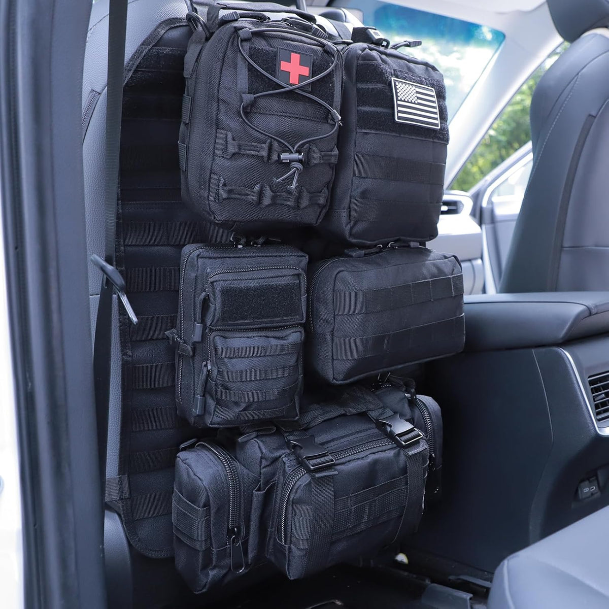 Universal Tactical Car Seat Back Organizer Bag Tactical Molle Vehicle Organizers Panel Vehicle Protector Organizers with 5 Detachable Pouches for Car Truck Ford Jeep (Model A-Black)