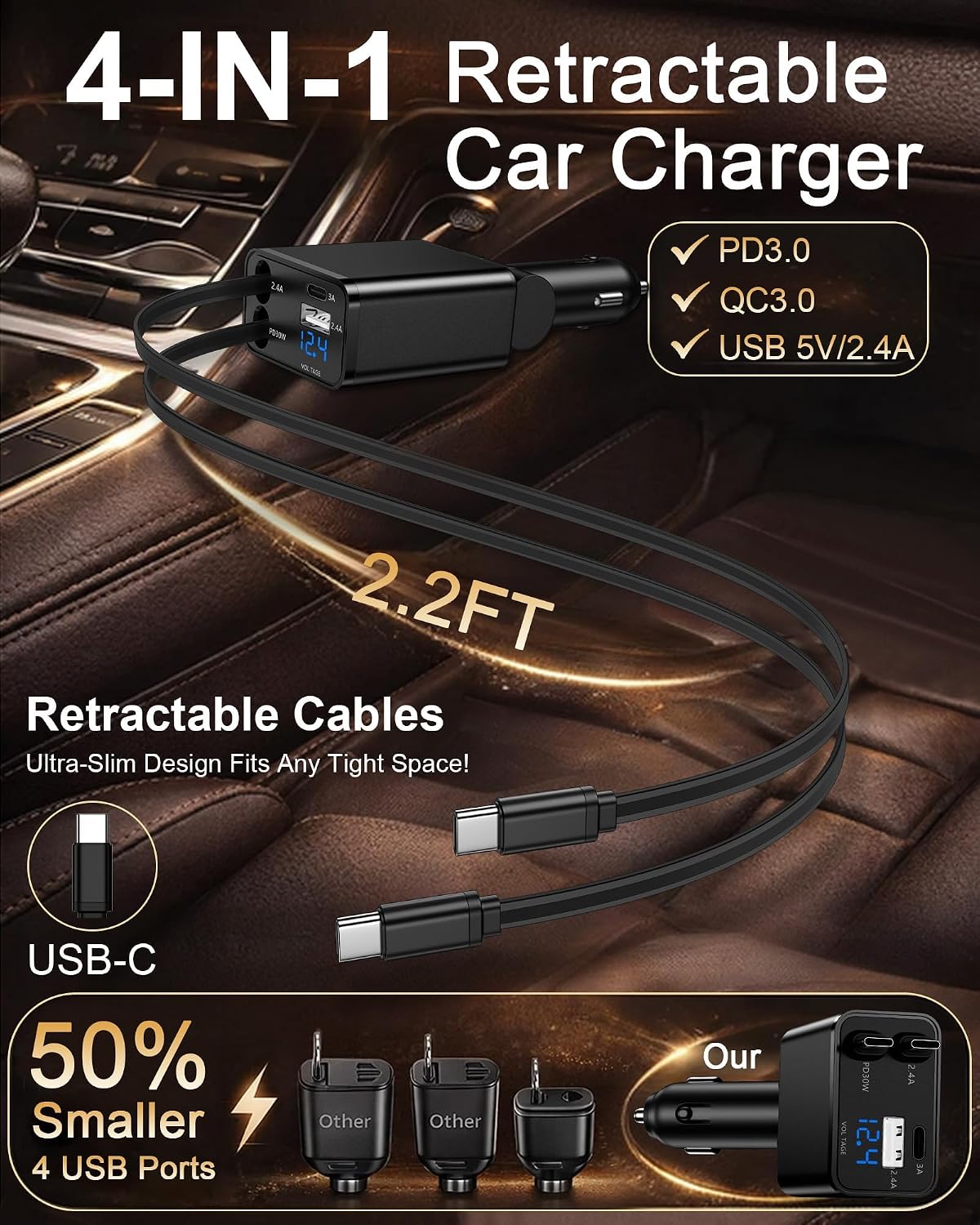 Retractable Car Phone Charger for Samsung S26 Android Fast USB C iPhone 18