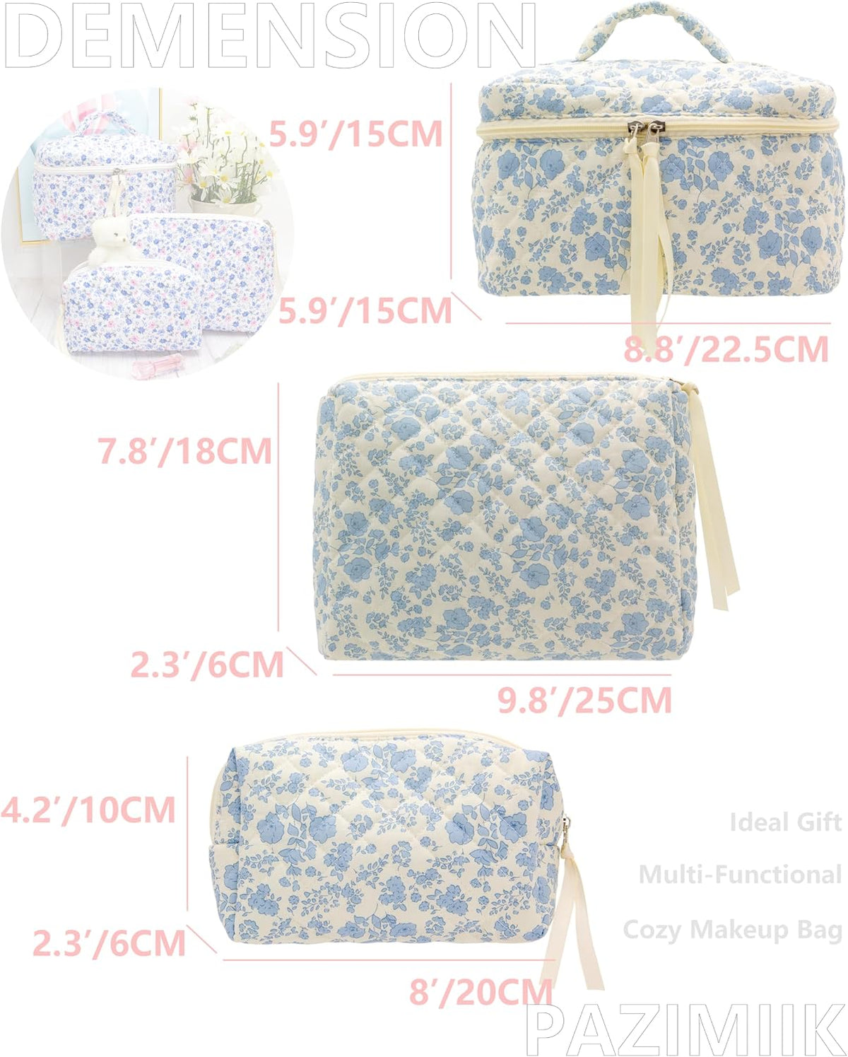 3 Piece Quilted Makeup Bag Set for Women,Cosmetic&Toiletry Bag,Flower Blue