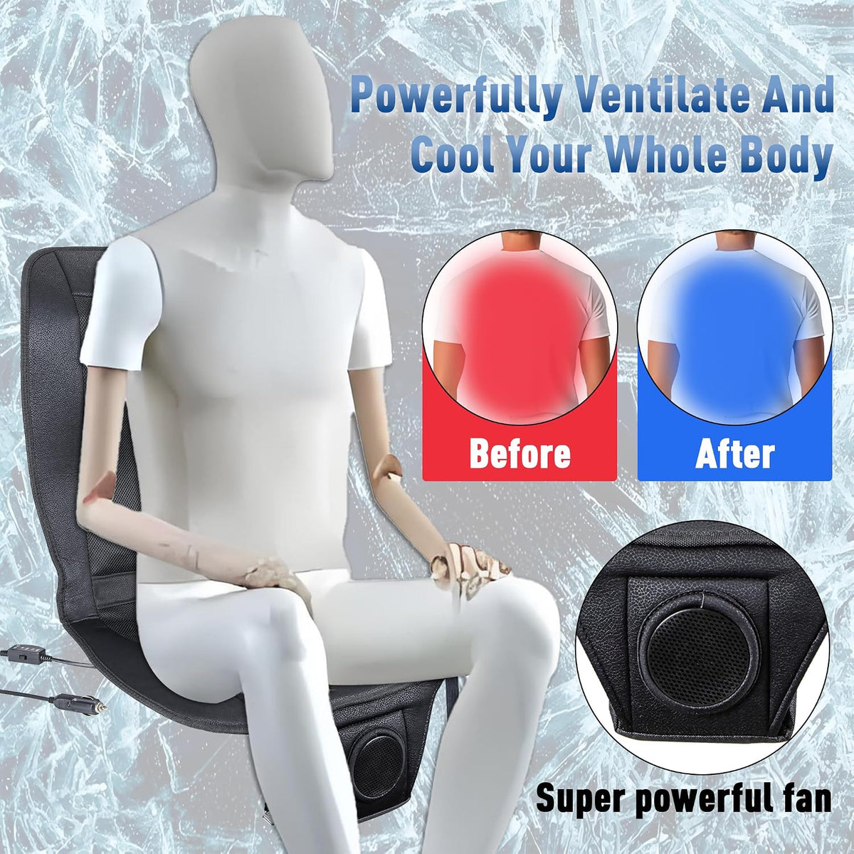 Premium Tech Cooling Car Seat Cushion - Black 12V Adjustable Temperature, Ergonomic Comfort with Enhanced Airflow, Universal Fit for All Vehicles