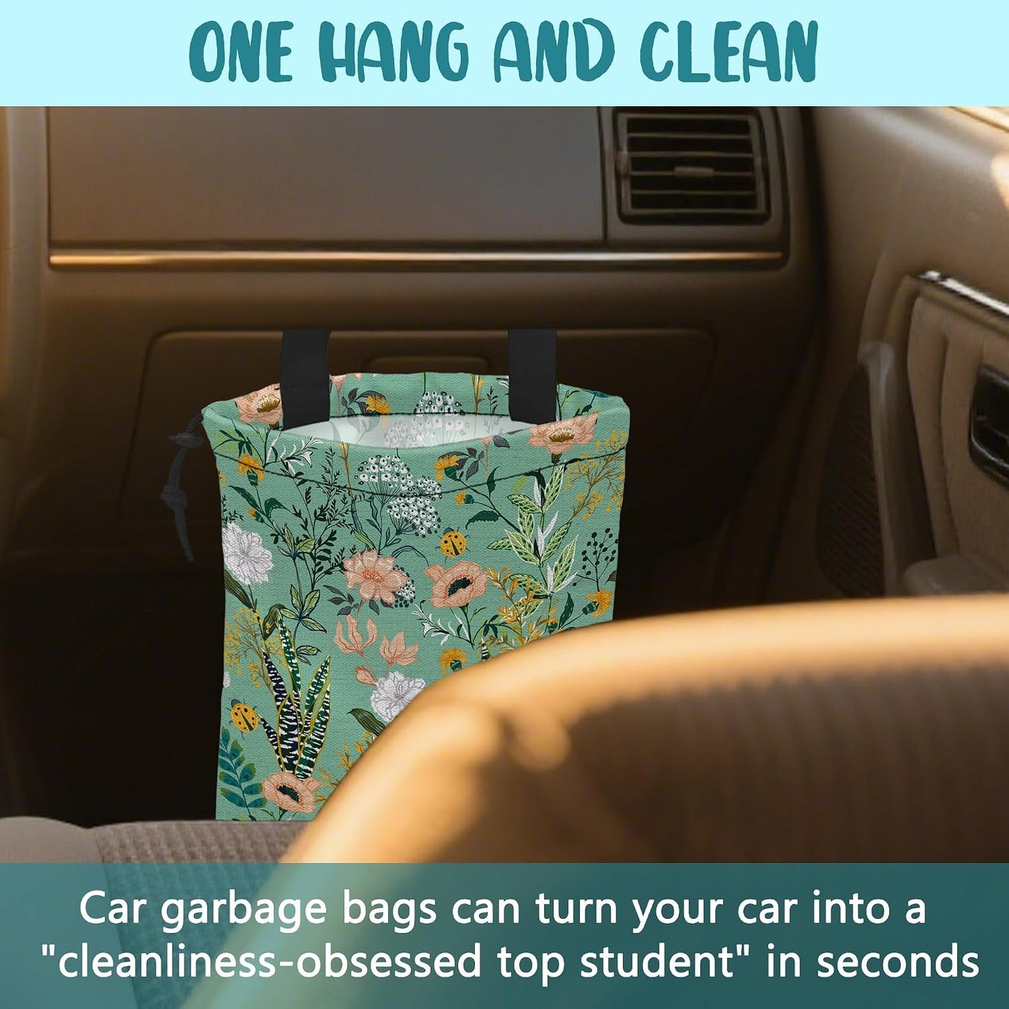 Car Garbage Bag Blooming Floral and Leaves Drawstring Car Trash Bag Hanging for Back Seat with Adjustable Buckle Canvas Vehicle Trash Can Easy-to-Install