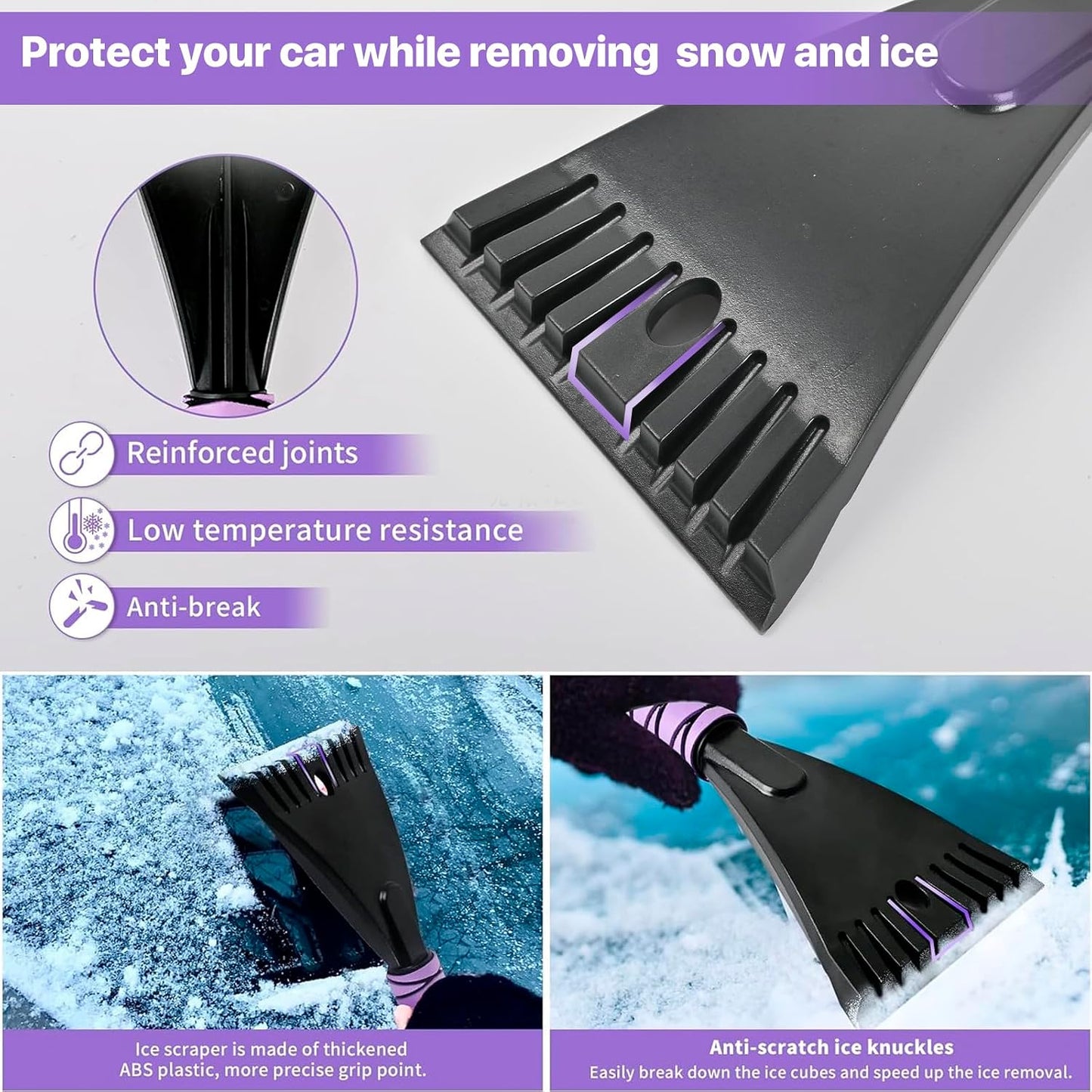 OUSHASAA 2 Pack 27" Snow Brush and Ice Scraper for Car Windshield - Purple | Soft Non-Scratch Bristles, Non-Slip Foam Grip, Detachable Design, Car Snow Removal Tool for Windshields & Windows