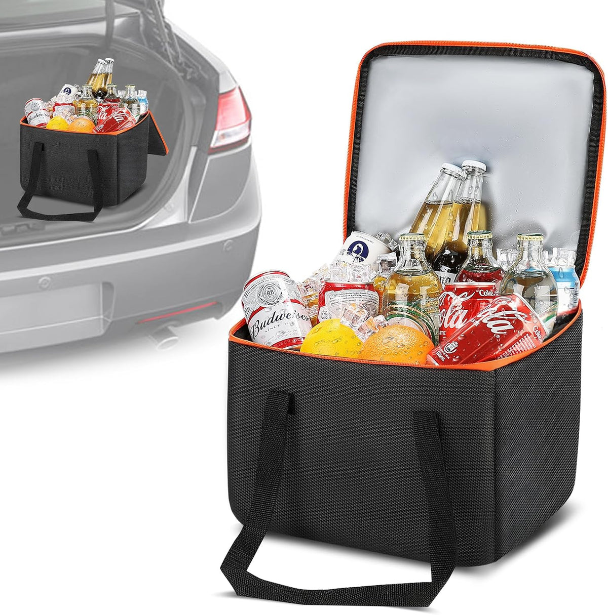 Portable Soft Cooler Bag, Collapsible Insulated Leak-Proof Car Cooler Bag, Insulated Ice Chest with Waterproof Zipper, Leak-Proof Organizer for Cars, Fits Most Vehicles, Orange