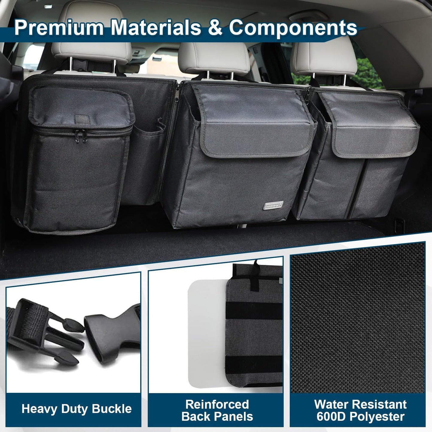 Deluxe Trunk and Backseat Organizer for Medium or Large Size SUVs & RVs, Detachable Storage Modules with Built-in Cooler, Patent Pending