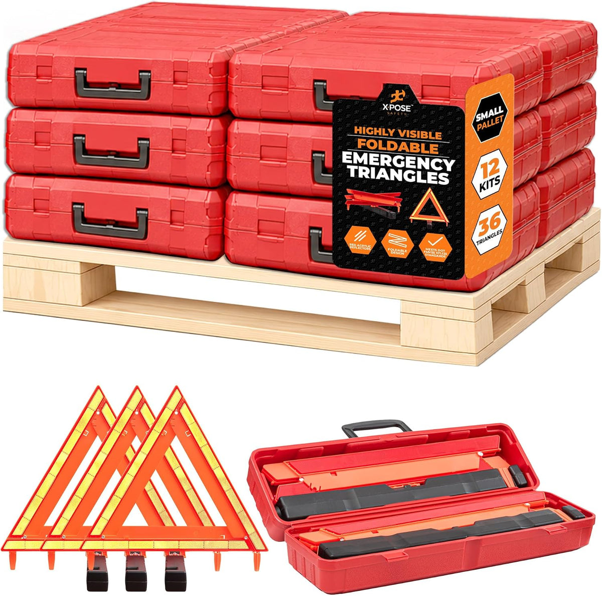 Xpose Safety Reflective Emergency Triangles – 12 Kits (36 Triangles) – DOT Approved Roadside Car Safety Warning Reflectors – Red & Orange Automotive Vehicle Hazard Visibility Markers