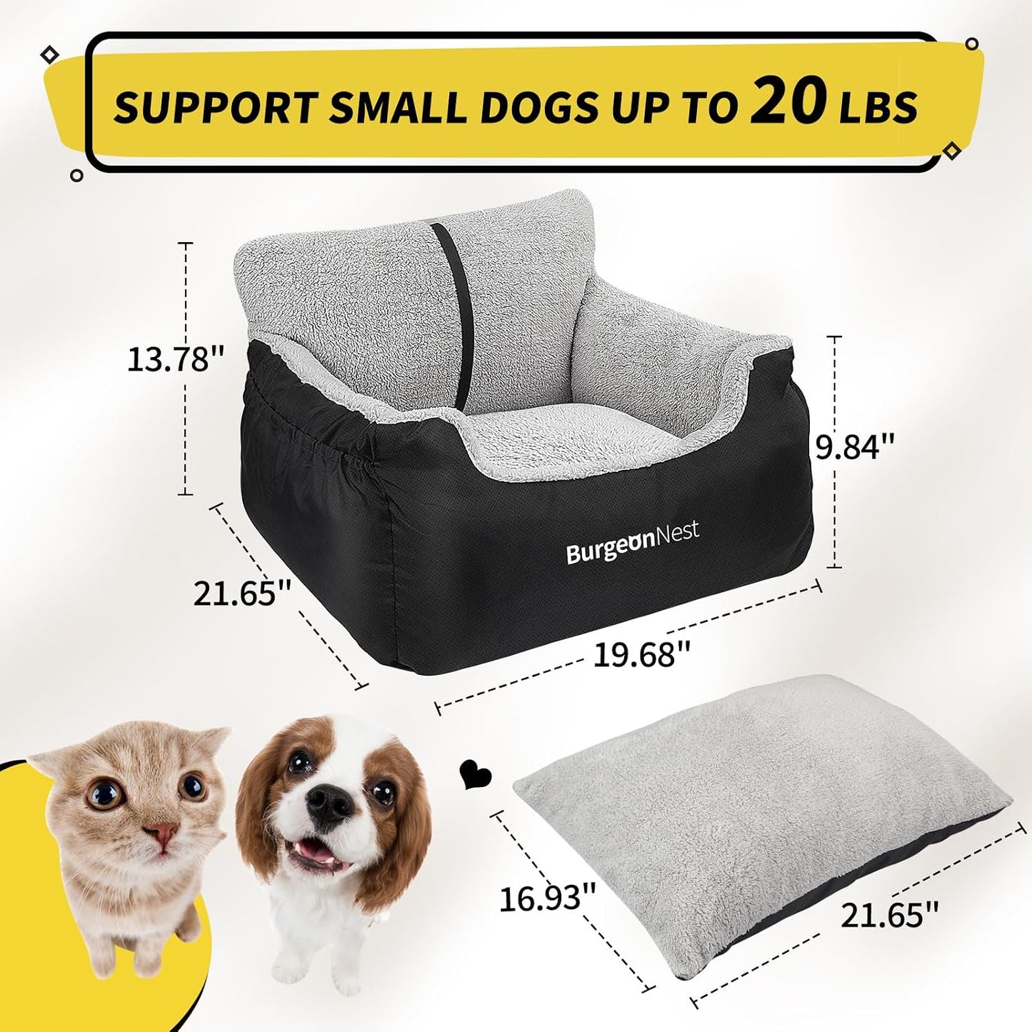BurgeonNest Dog Car Seat for Small Dogs, Soft Pet Car Travel Home Bed Under 25 lbs, Fully Detachable and Washable Cat Booster Carseats with Storage Pockets and Clip-On Leash Portable Carrier,Black