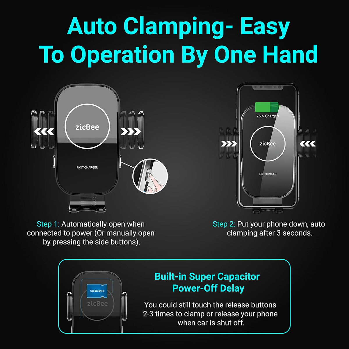 [Upgraded Version] ZicBee Wireless Car Charger,15W Fast Charging Auto-Clamping Car Mount, Dash, Air Vent Charging Car Phone Holder for iPhone 15 14 13 12 11, Samsung Galaxy S23 S22, etc. (Black)