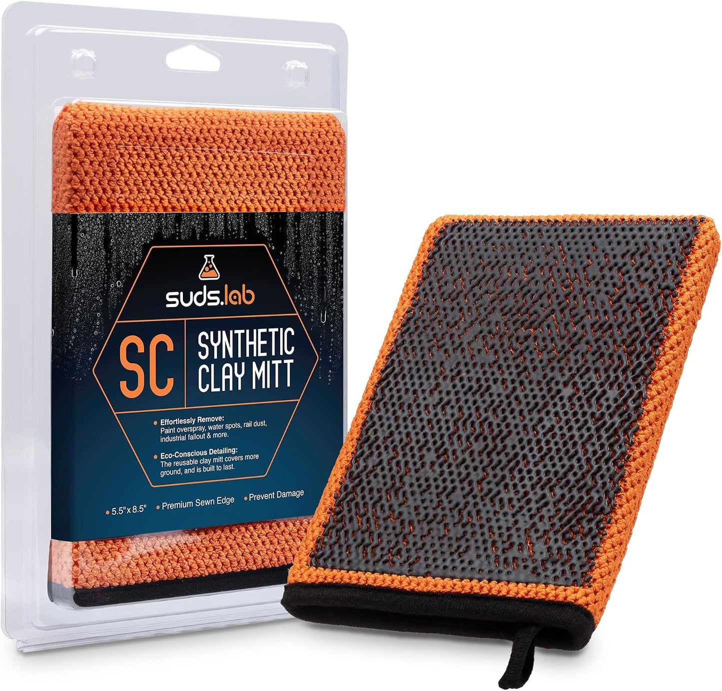 Suds Lab SC Synthetic Clay Mitt for Car Detailing – Reusable Clay Bar Mitt to Remove Paint Overspray, Water Spots, Tree Sap & Rail Dust from Paint, Glass & Plastic