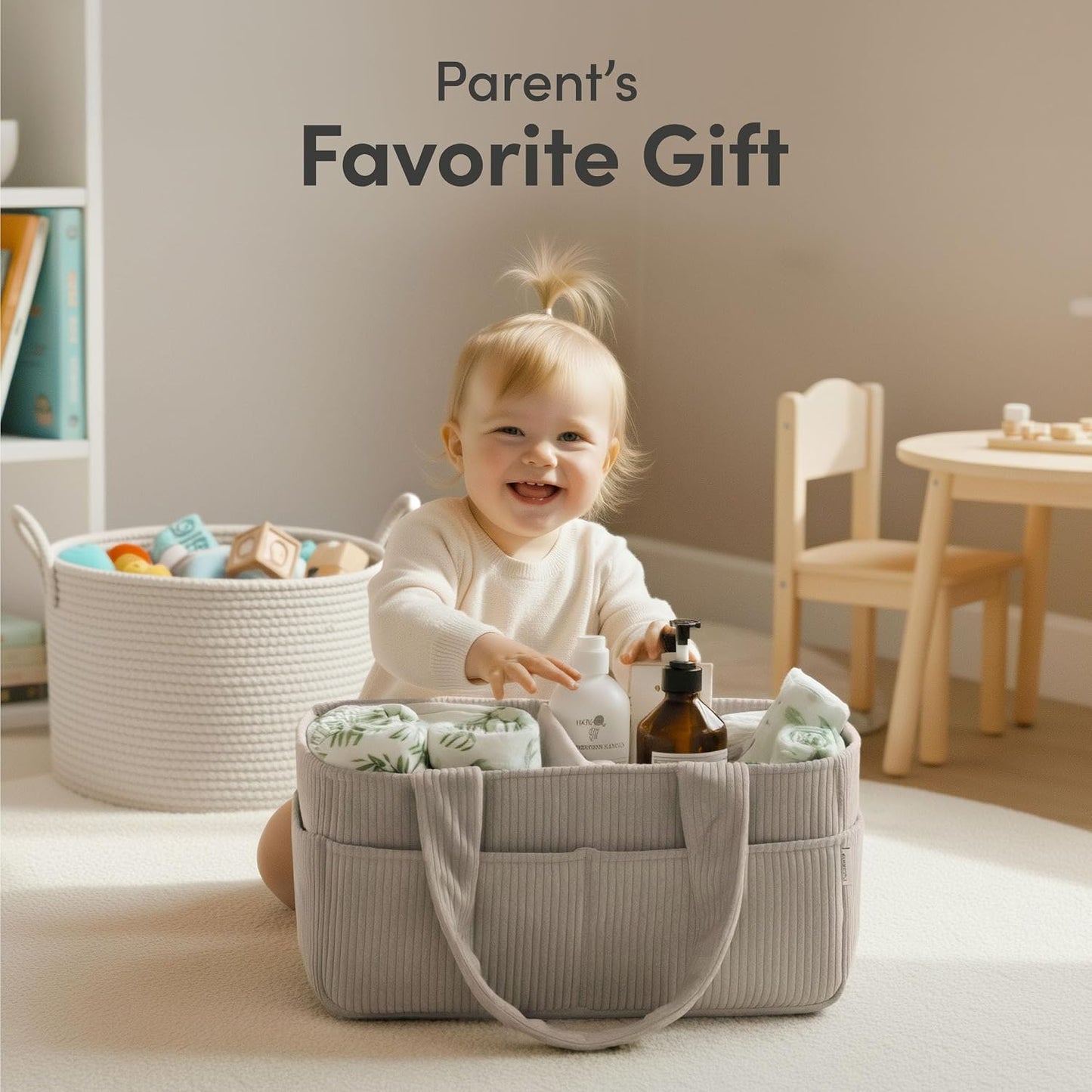 PUTSKA Baby Diaper Caddy Organizer for Changing Table – Stylish Nursery Storage Basket, Newborn Essentials, Baby Shower Gifts and Registry Must-Haves for Boy or Girl, Car Diaper Caddy, Corduroy Grey