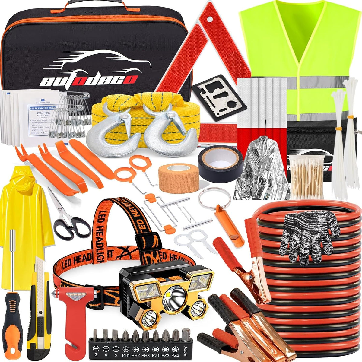 126pcs Roadside Emergency Car Kit - Auto Safety Kit Vehicle Outdoor Automotive Interior Kits with Jumper Cables