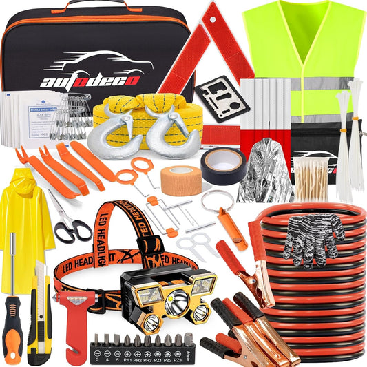 126pcs Roadside Emergency Car Kit - Auto Safety Kit Vehicle Outdoor Automotive Interior Kits with Jumper Cables